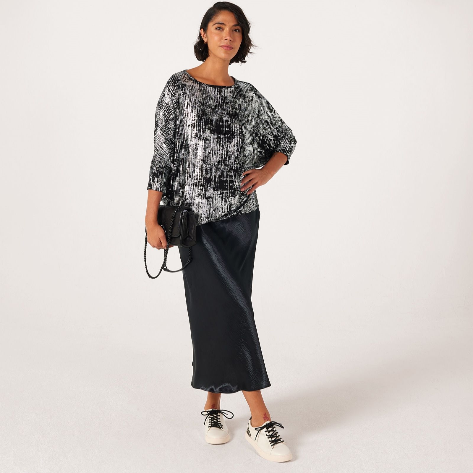 Nina Leonard Boat Neck 3/4 Dolman Sleeve Foil Print Tunic