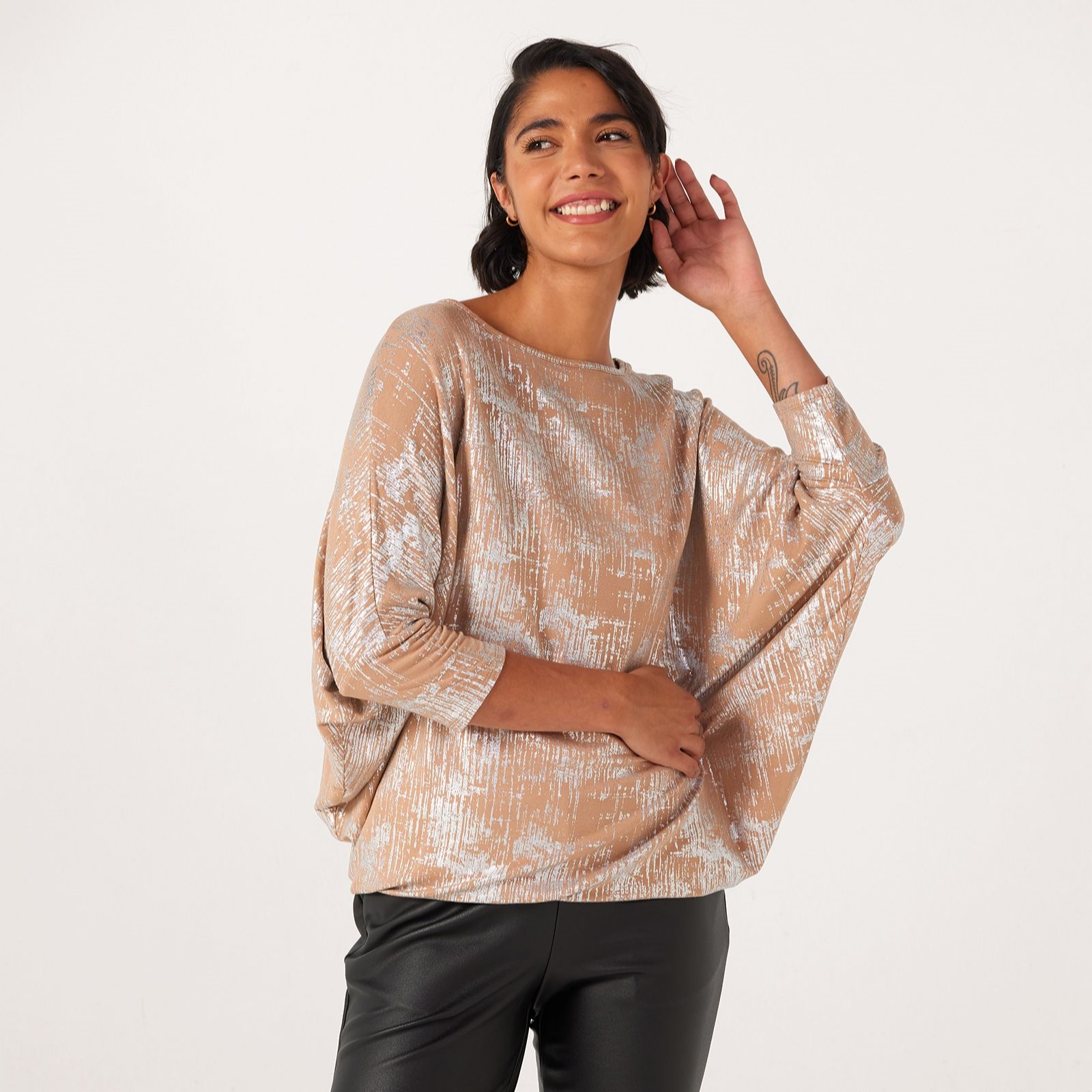 Nina Leonard Boat Neck 3/4 Dolman Sleeve Foil Print Tunic