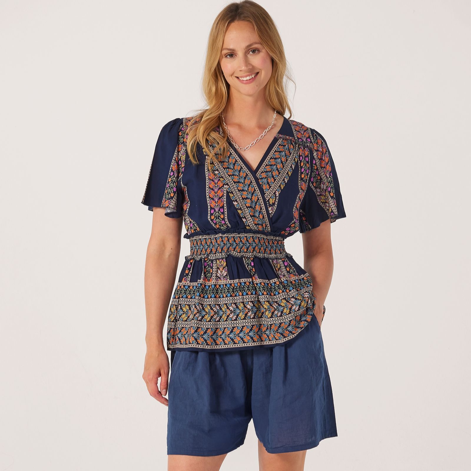 Izabel London Shirred Waist Printed Top