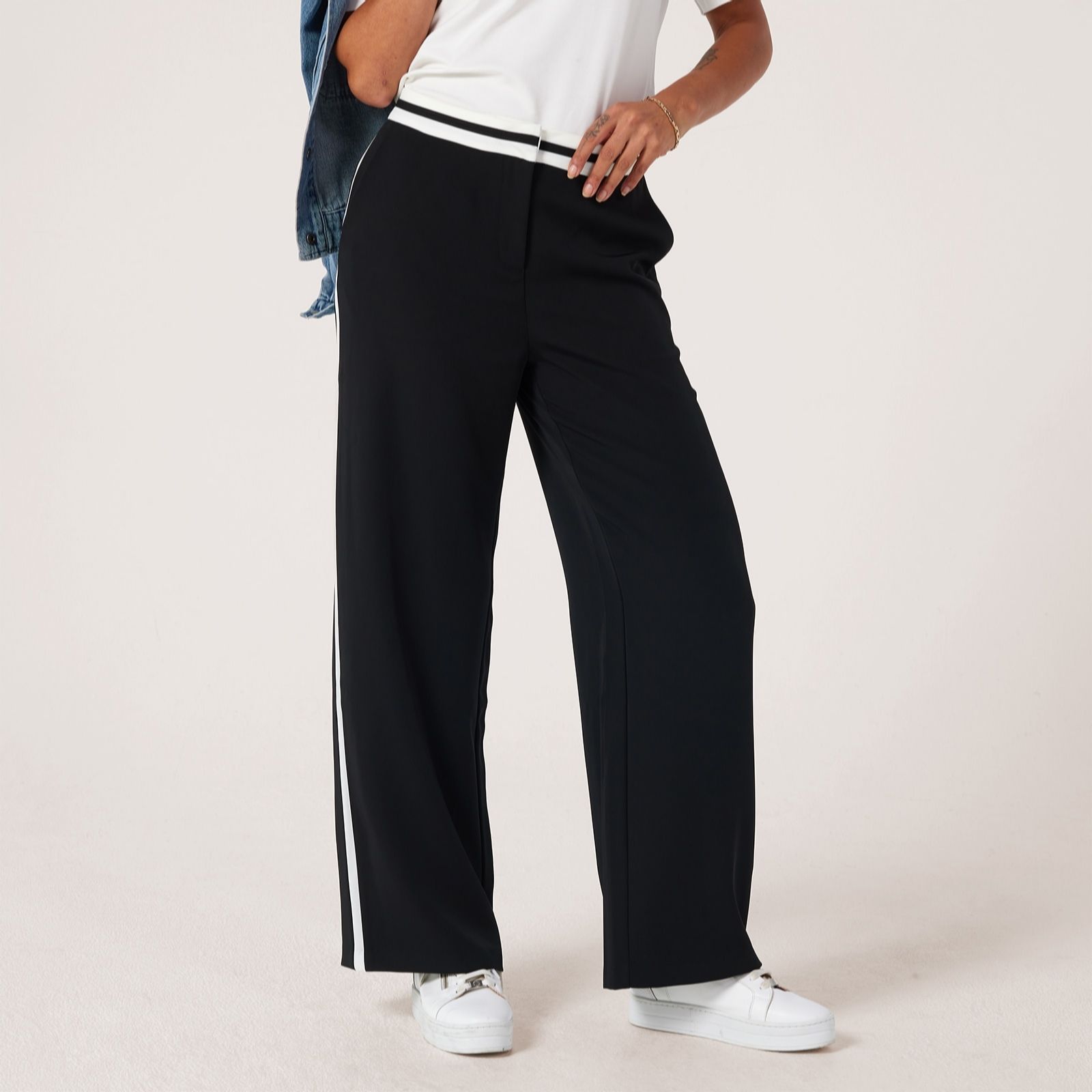 Sosandar Mono Stripe Waistband Wide Leg Trouser