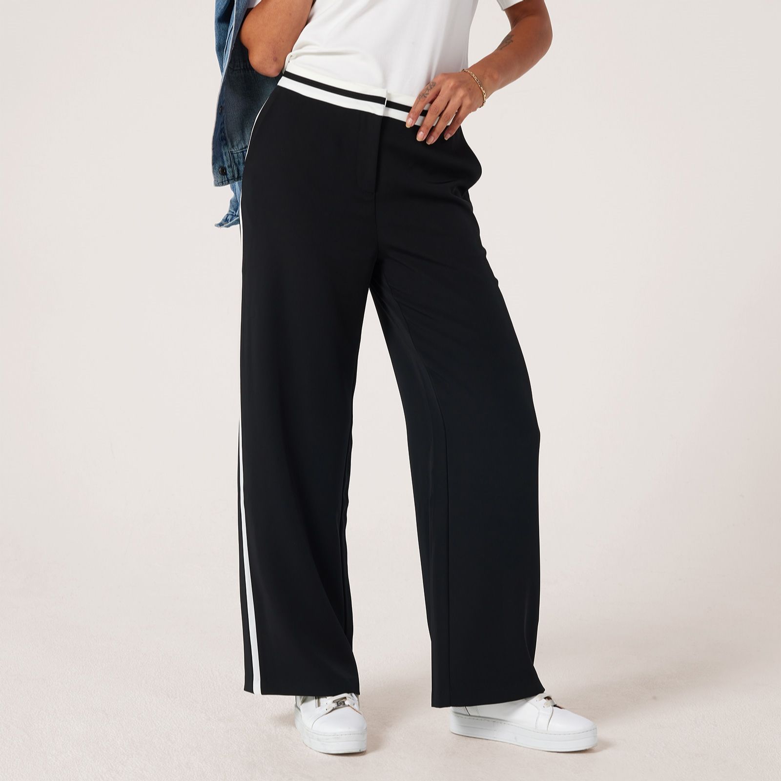 Sosandar Mono Stripe Waistband Wide Leg Trouser
