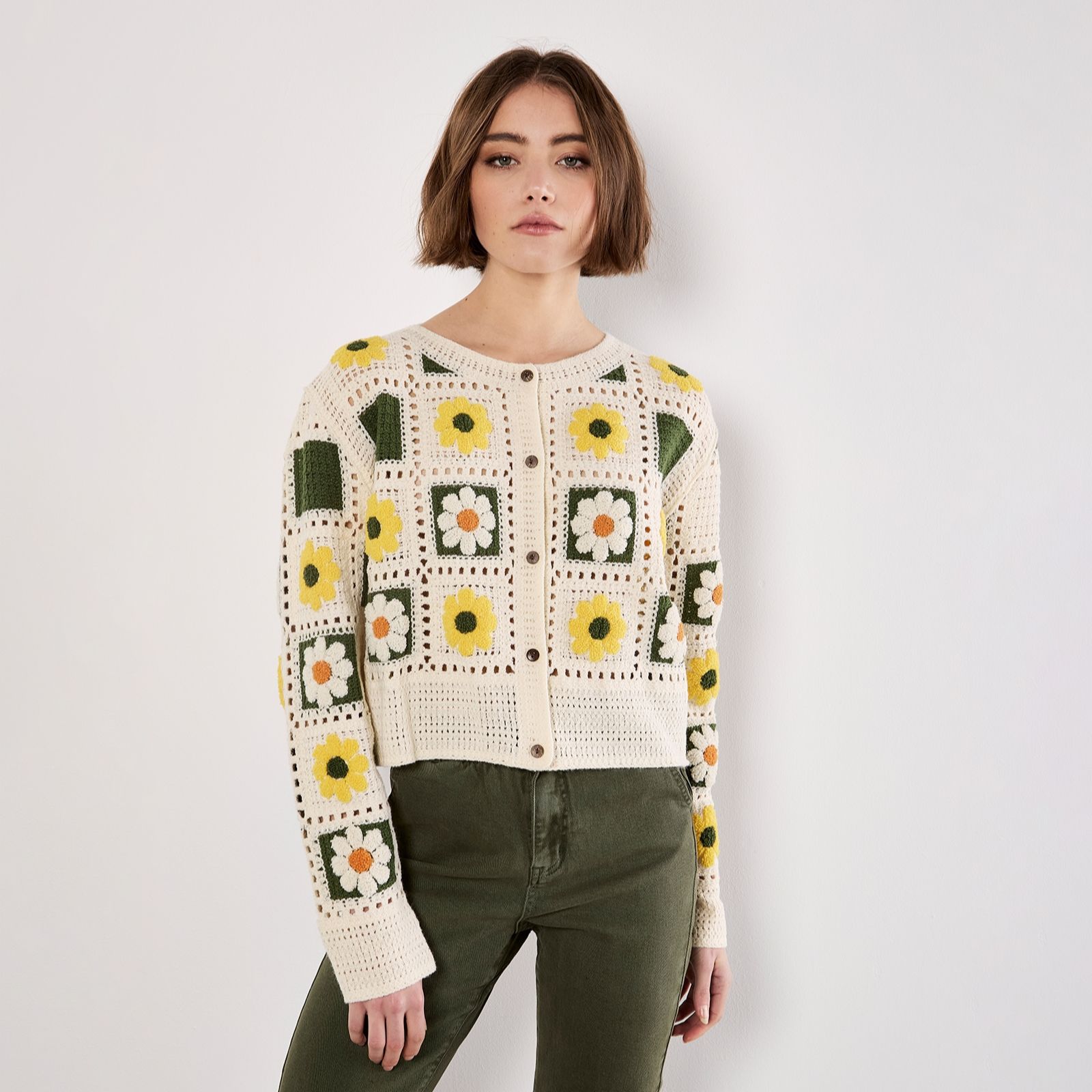 Apricot Daisy Squares Crochet Cardigan