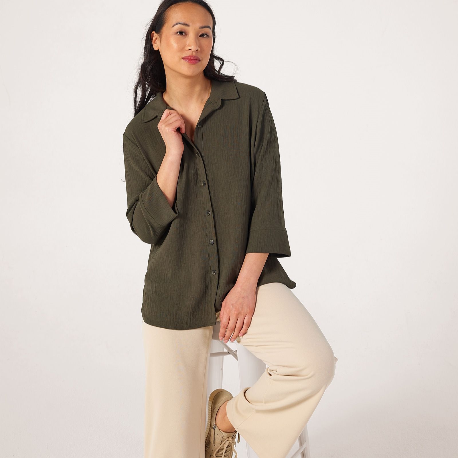 Kim & Co Karli Crinkle Poplin Relaxed Shirt with Cuff