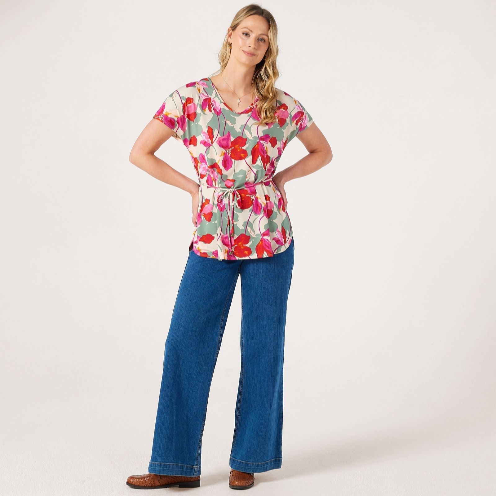 Kim & Co Printed Brazil Jersey Short Dolman Sleeve Tunic with Spaghetti Belt