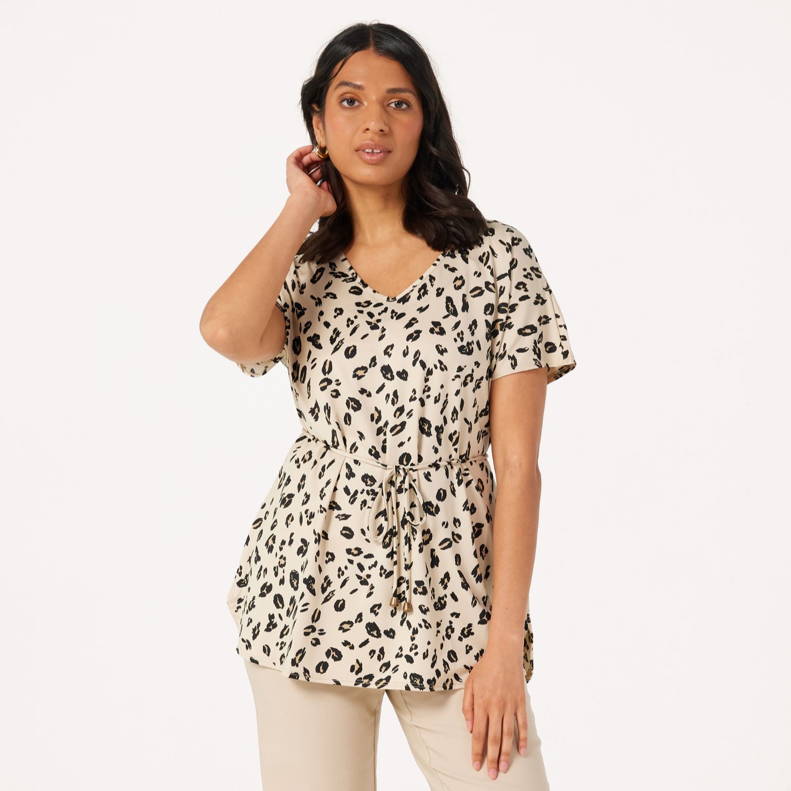 Kim & Co Printed Brazil Jersey Short Dolman Sleeve Tunic with Spaghetti Belt