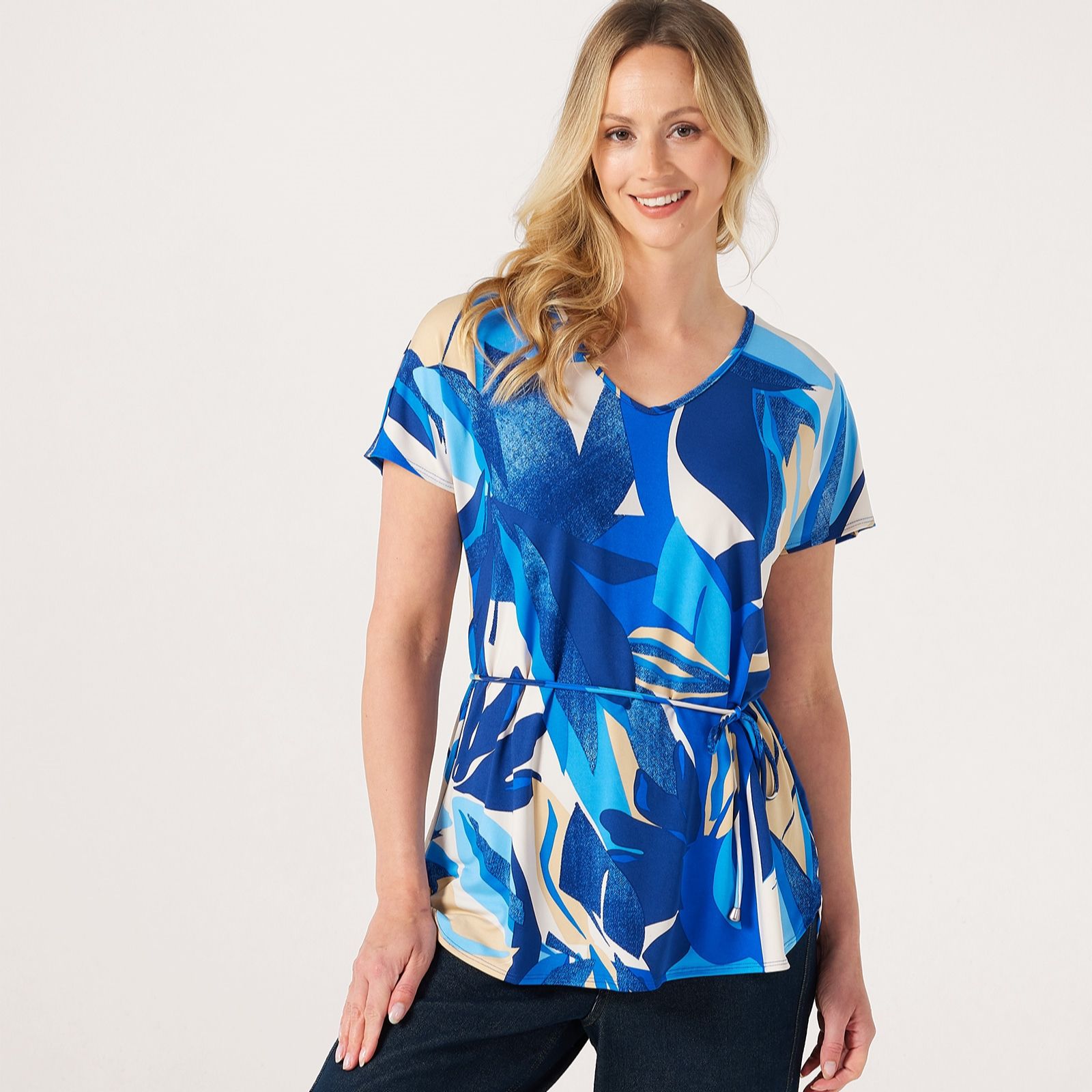 Kim & Co Printed Brazil Jersey Short Dolman Sleeve Tunic with Spaghetti Belt