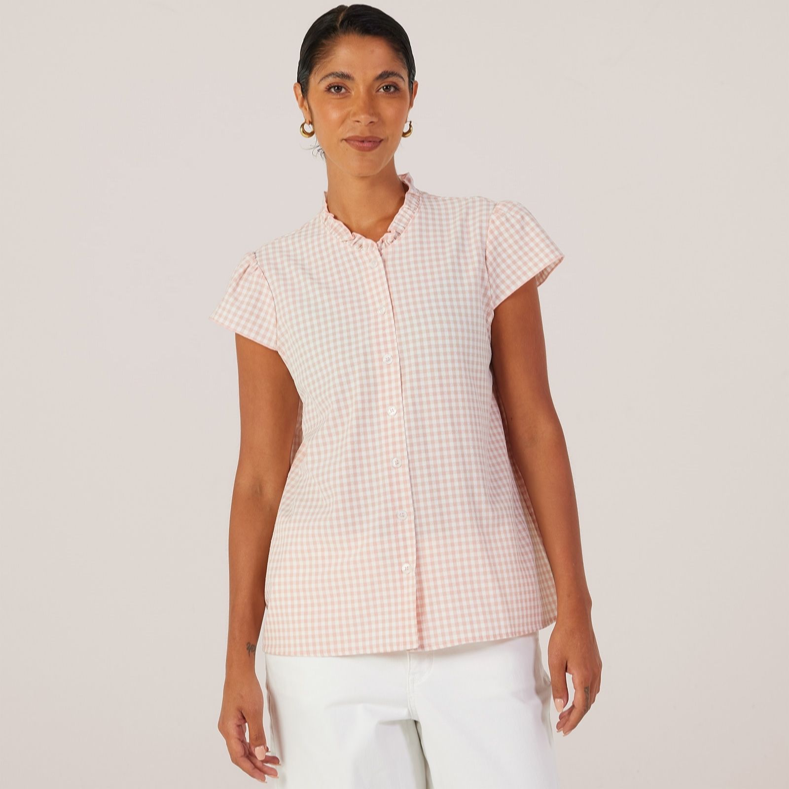 Kim & Co Gingham Dobby Short Sleeve Frilled Neck Button Front Top