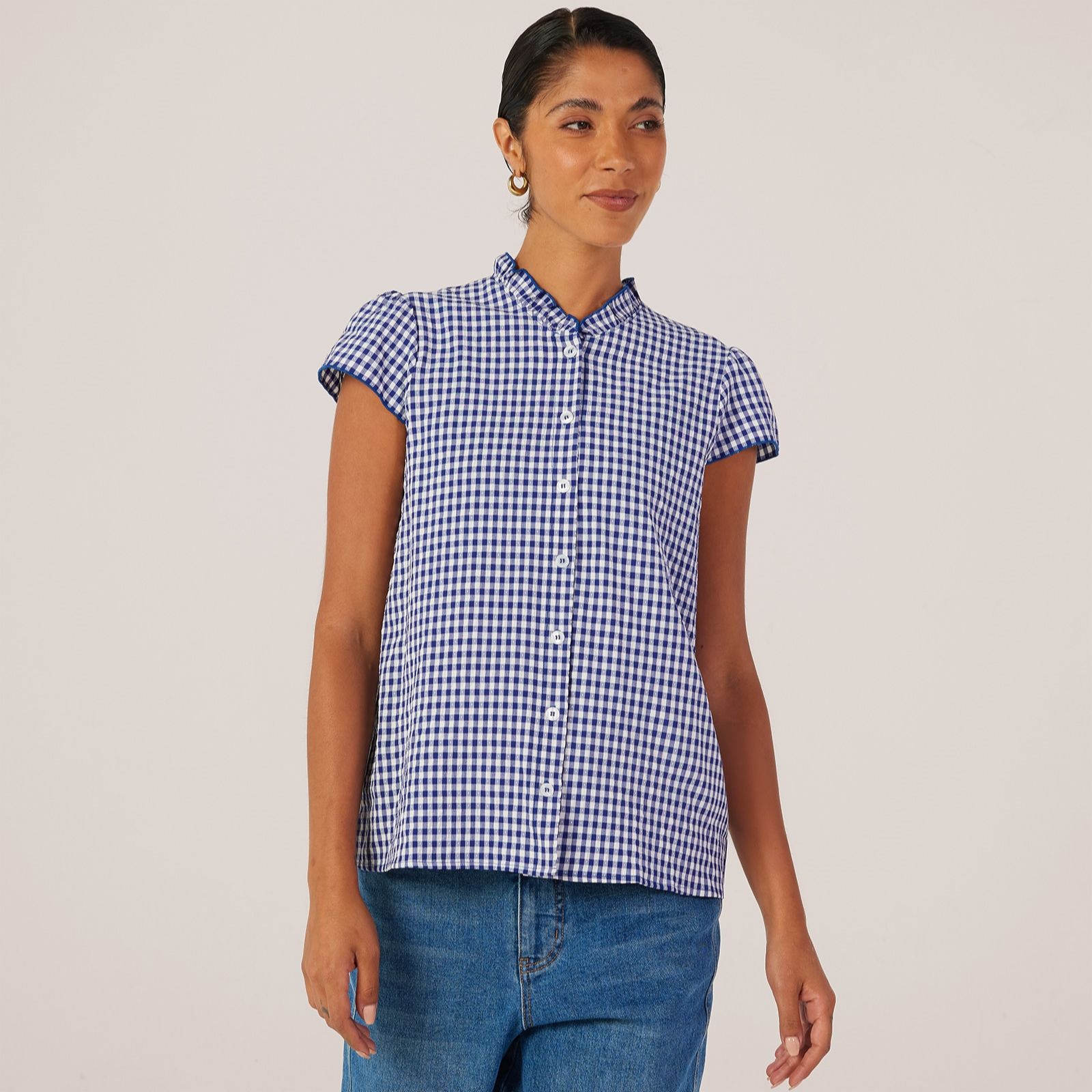 Kim & Co Gingham Dobby Short Sleeve Frilled Neck Button Front Top