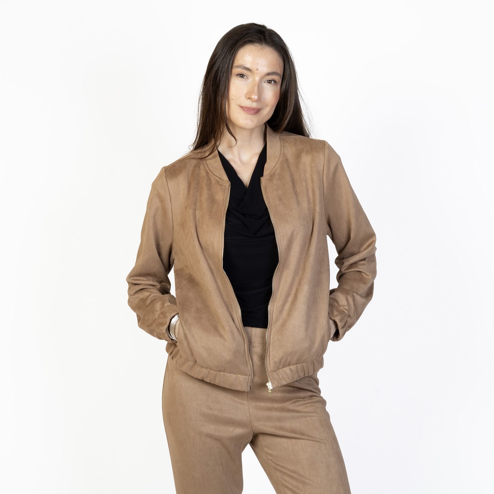 Kim & Co Stretch Faux Suede Bomber Jacket with Zip