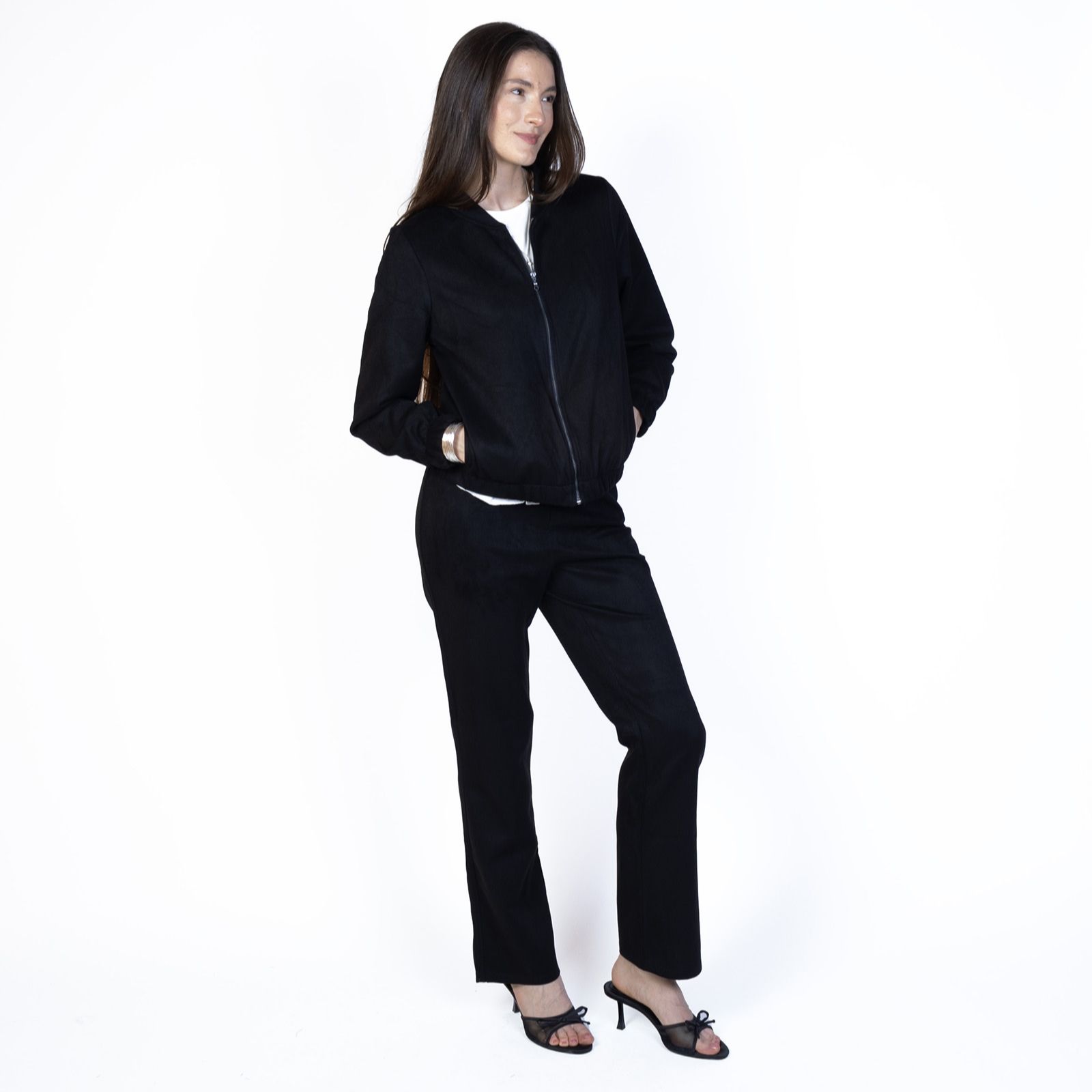 Kim & Co Stretch Faux Suede Bomber Jacket with Zip