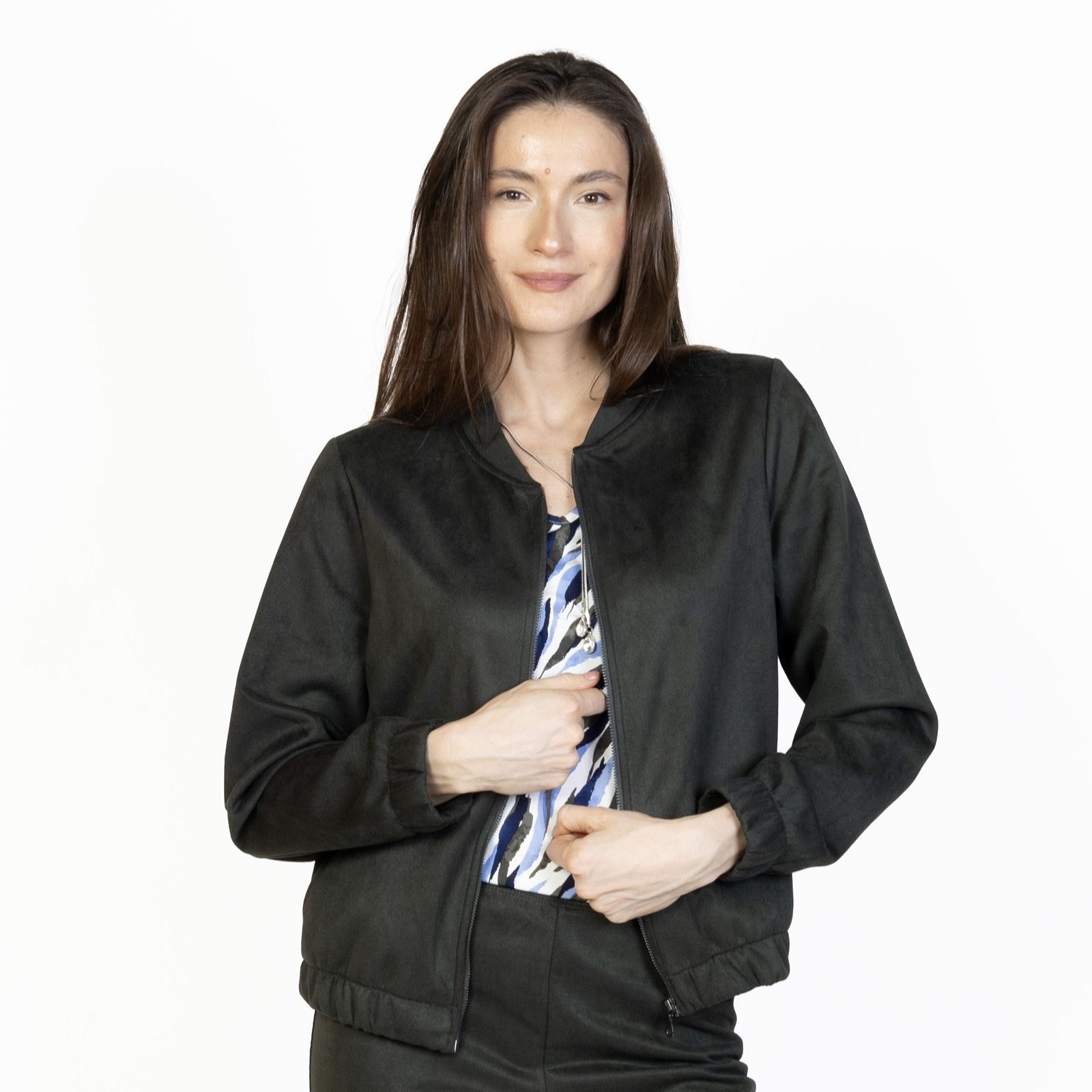 Kim & Co Stretch Faux Suede Bomber Jacket with Zip