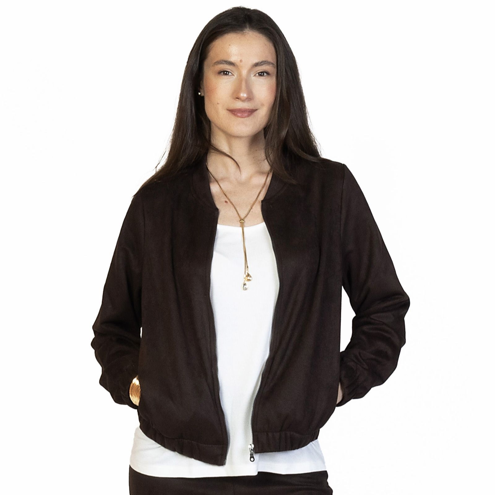 Kim & Co Stretch Faux Suede Bomber Jacket with Zip