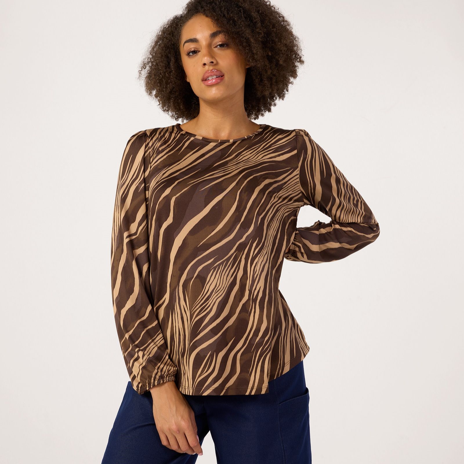 Kim & Co Printed Brazil Jersey Long Blouson Sleeve Top