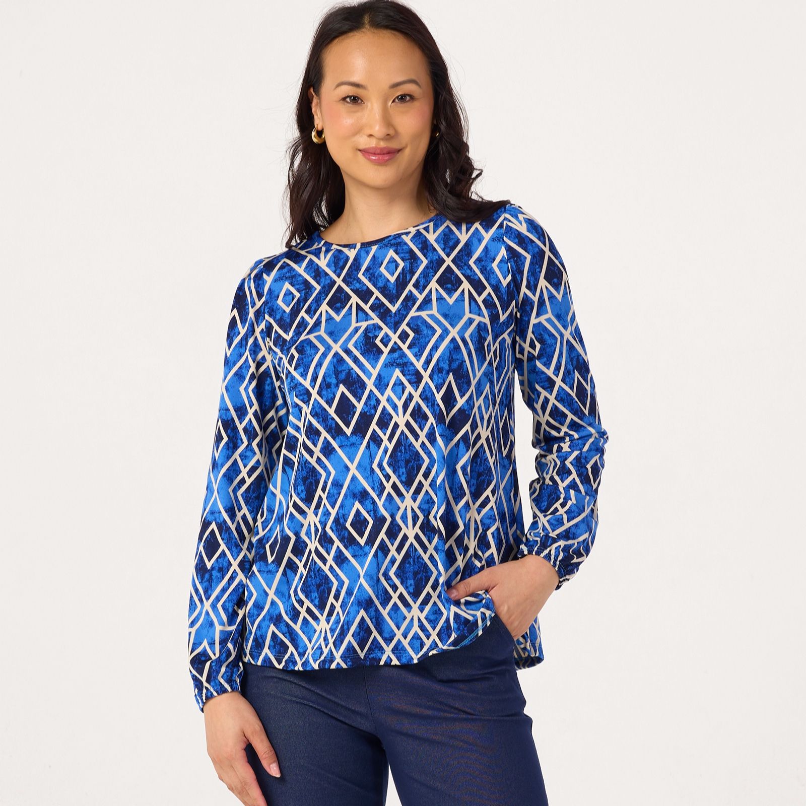 Kim & Co Printed Brazil Jersey Long Blouson Sleeve Top