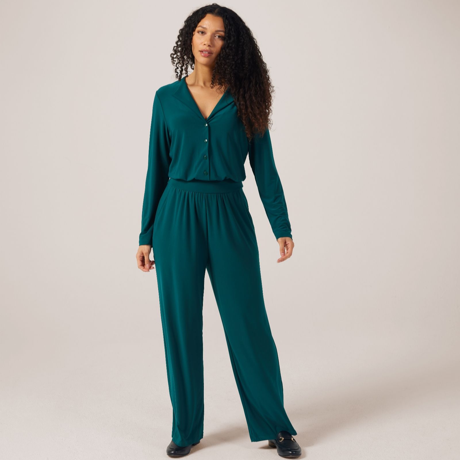 Kim Co Brazil Jersey Pleated Neckline Petite Jumpsuit with Pockets