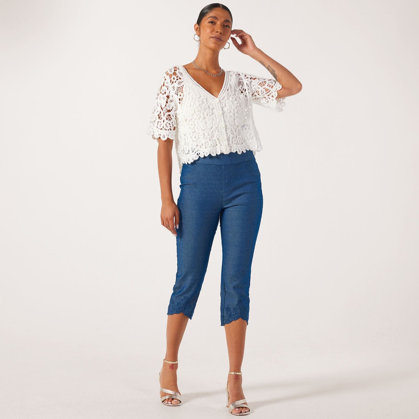 Nina Leonard Twill Crop Trousers With Embroidered Hem