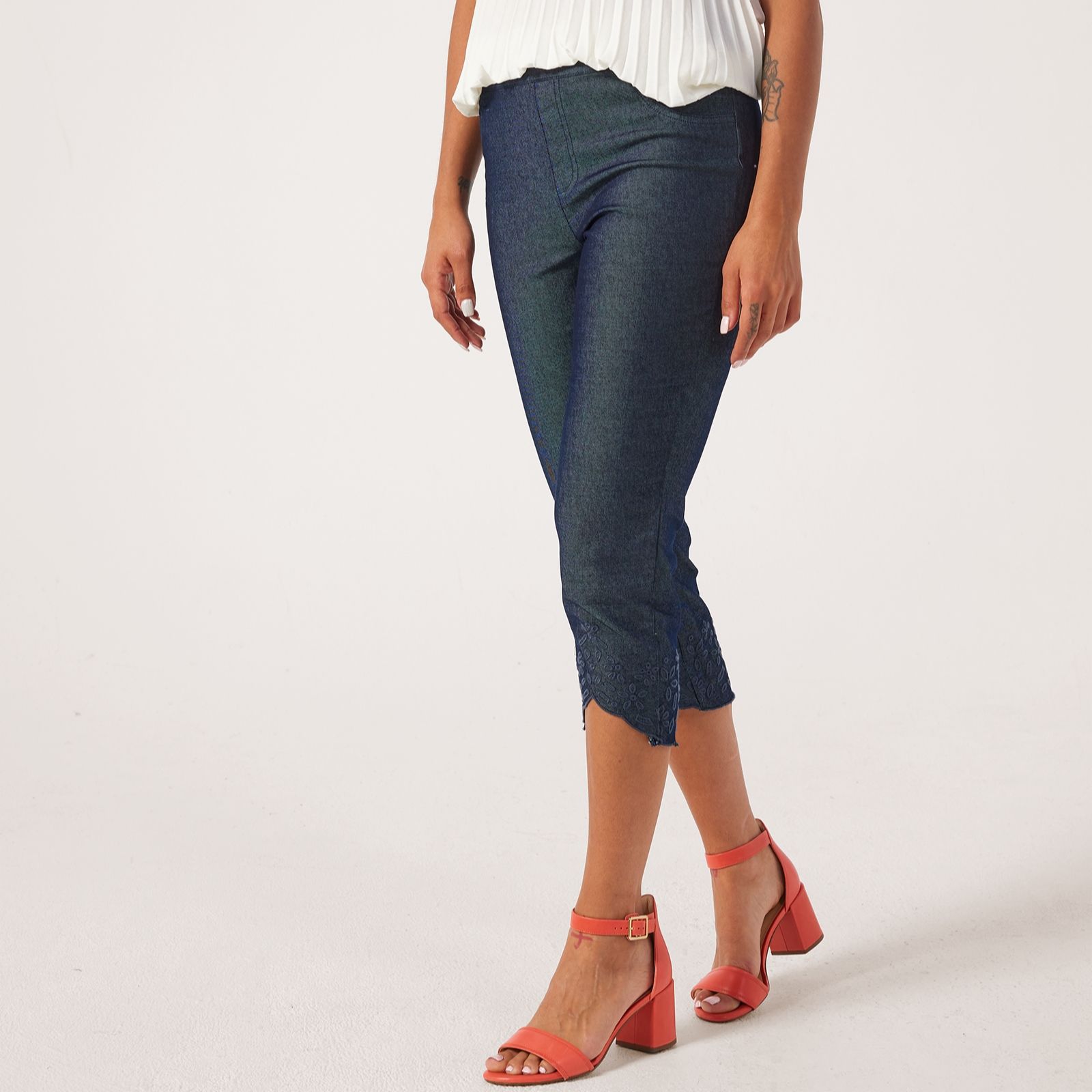 Nina Leonard Twill Crop Trousers With Embroidered Hem