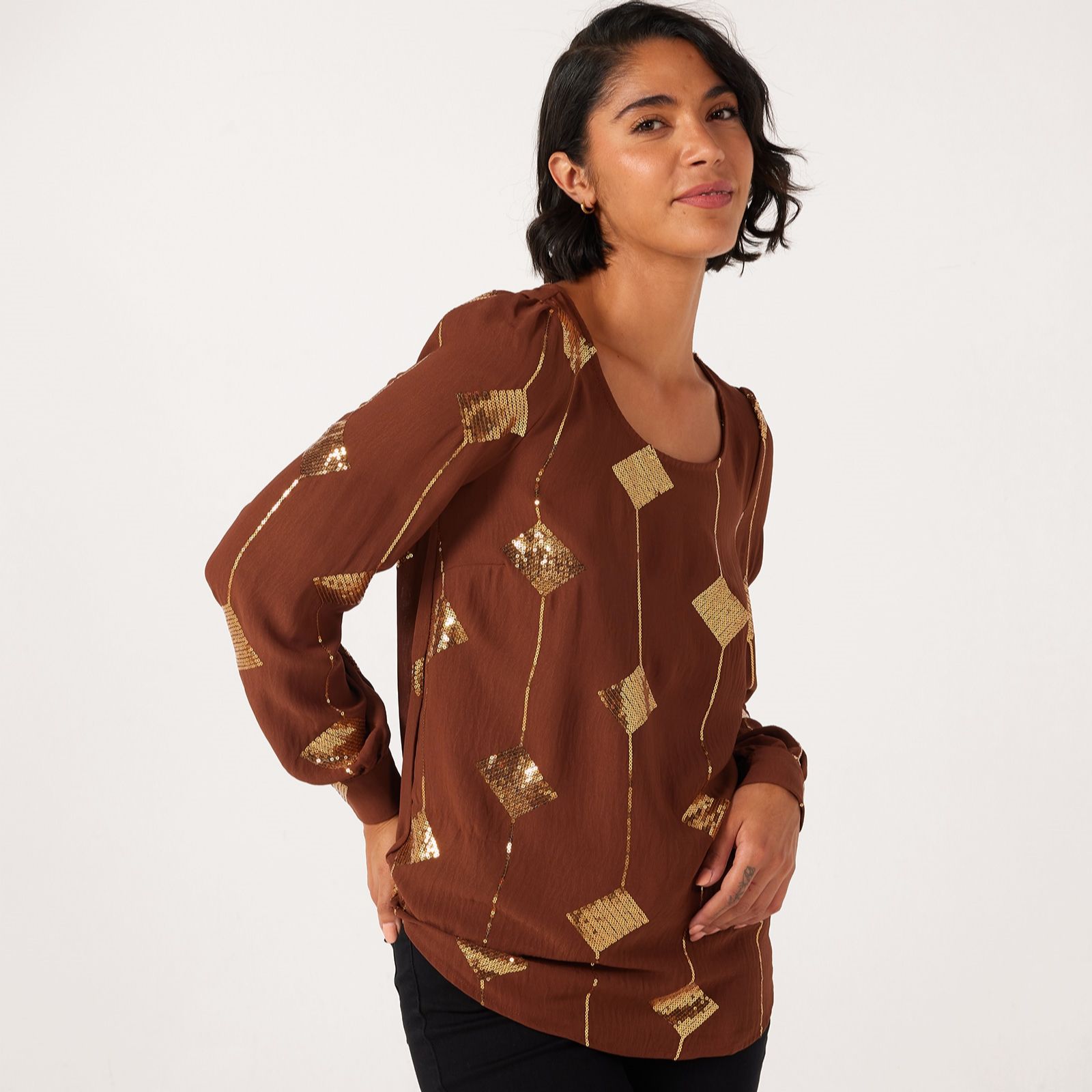 Nina Leonard Cuffed Balloon Sleeve Sequin Pattern Floaty Tunic