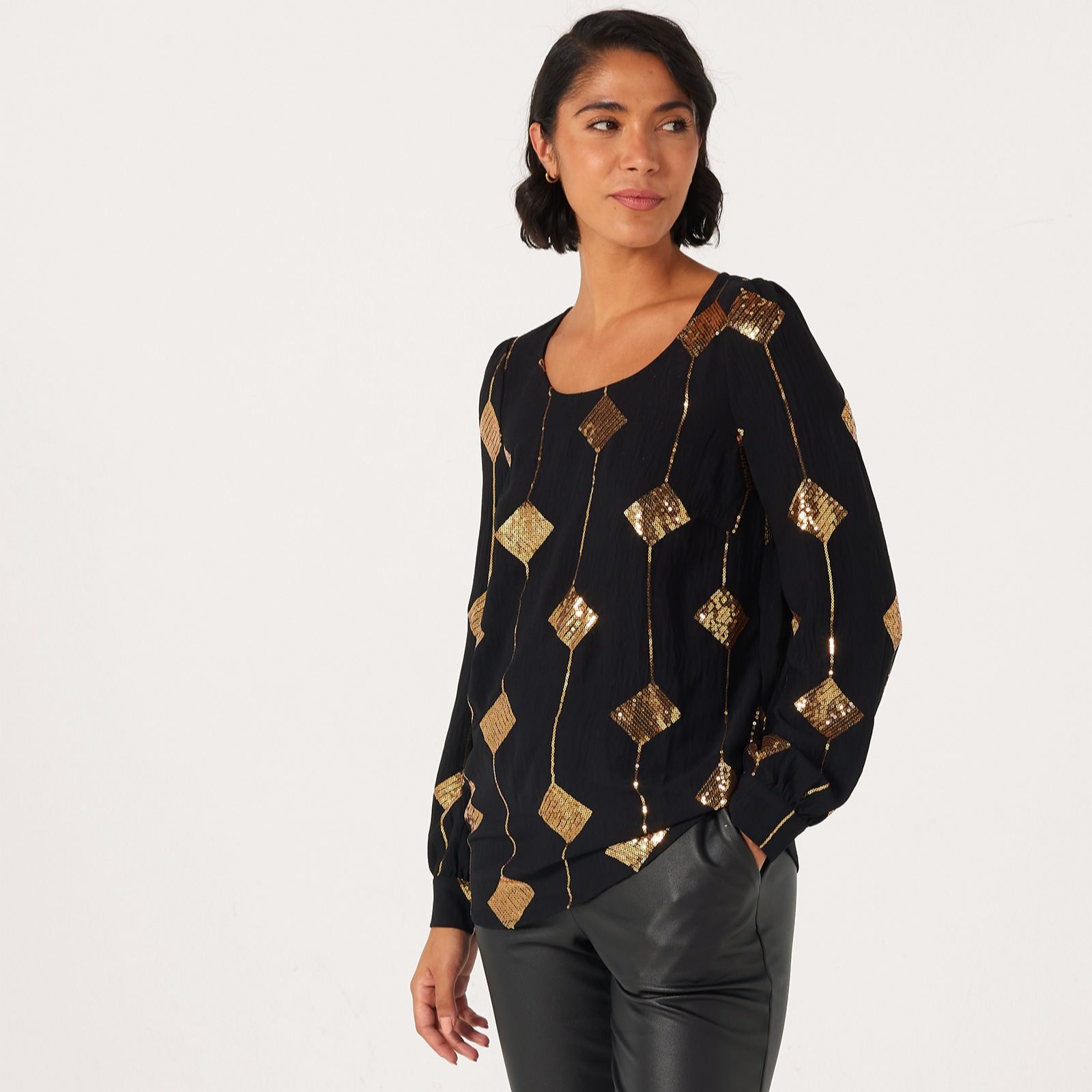 Nina Leonard Cuffed Balloon Sleeve Sequin Pattern Floaty Tunic
