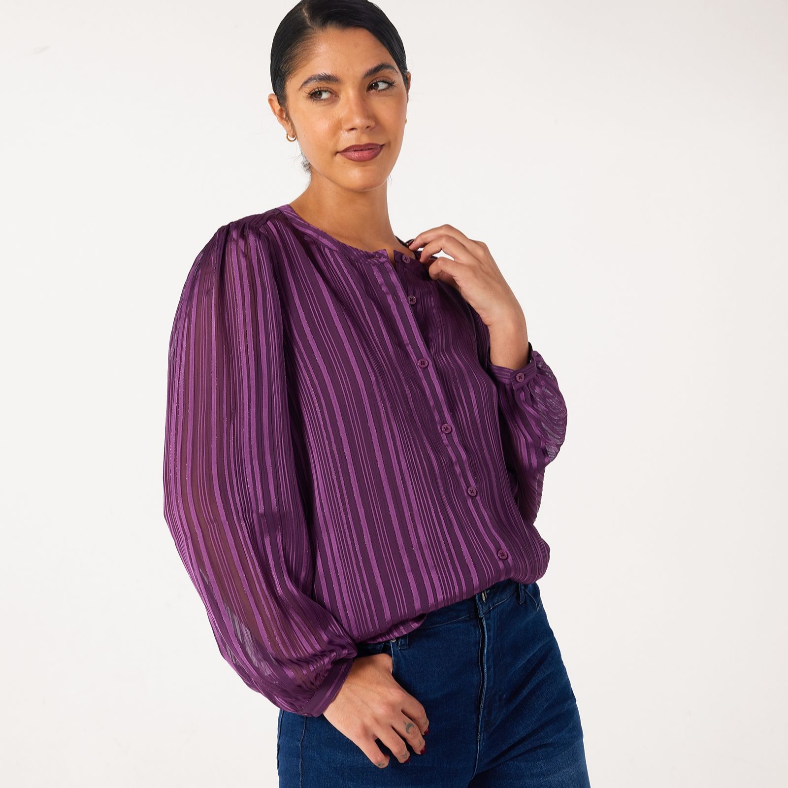 Ben de Lisi Lurex Striped Grandad Collar Blouse