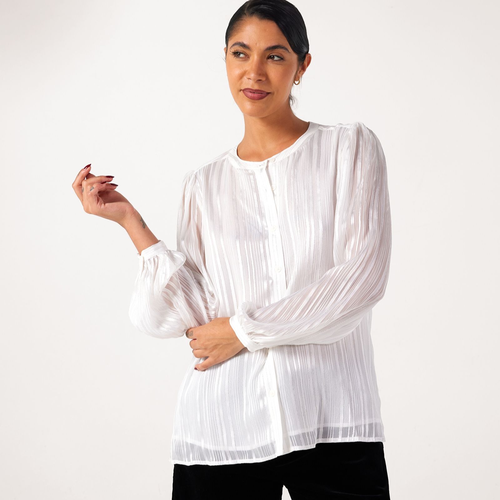 Ben de Lisi Lurex Striped Grandad Collar Blouse