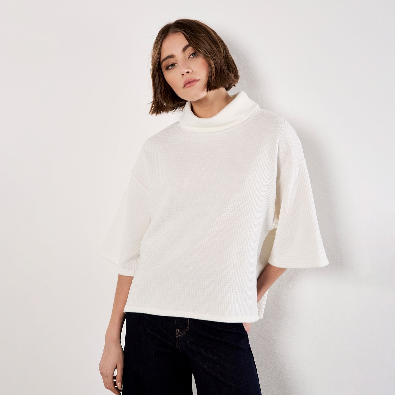 Apricot Cotton Waffle Cowl Neck Side Split Tee