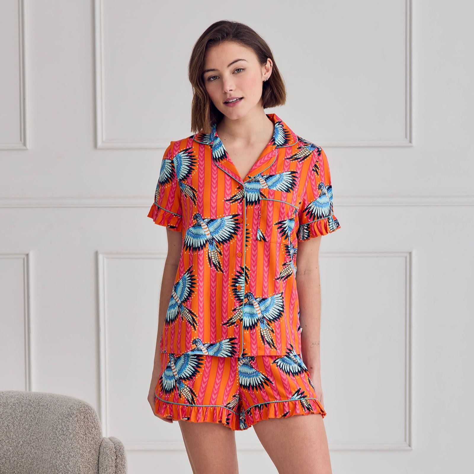 Chelsea Peers Parrot Stripe Ruffle Frill Short PJ Set