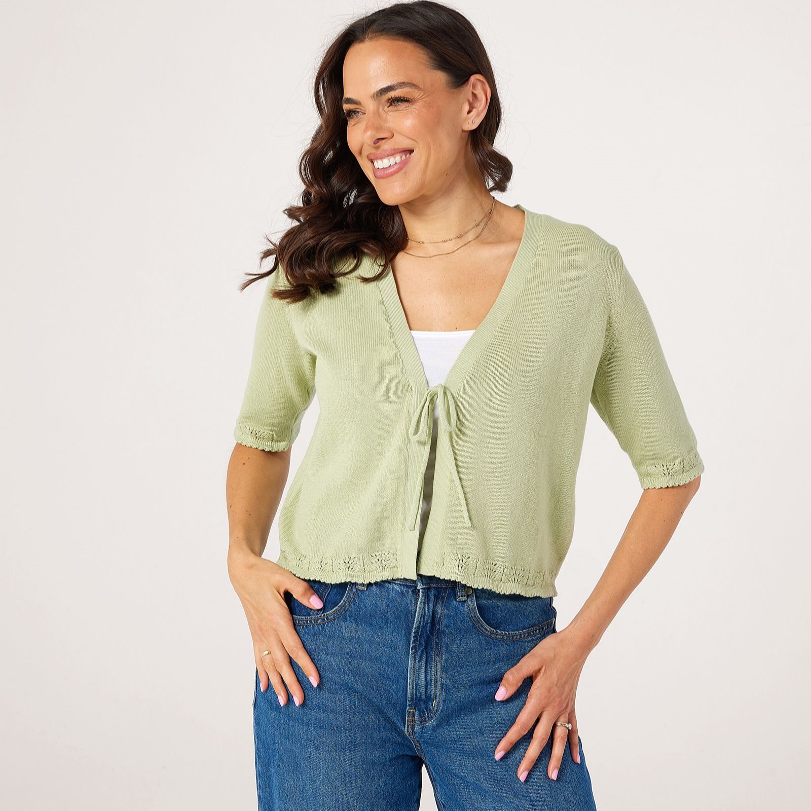 Denim & Co Pure Cotton Tie Front Shrug Cardigan