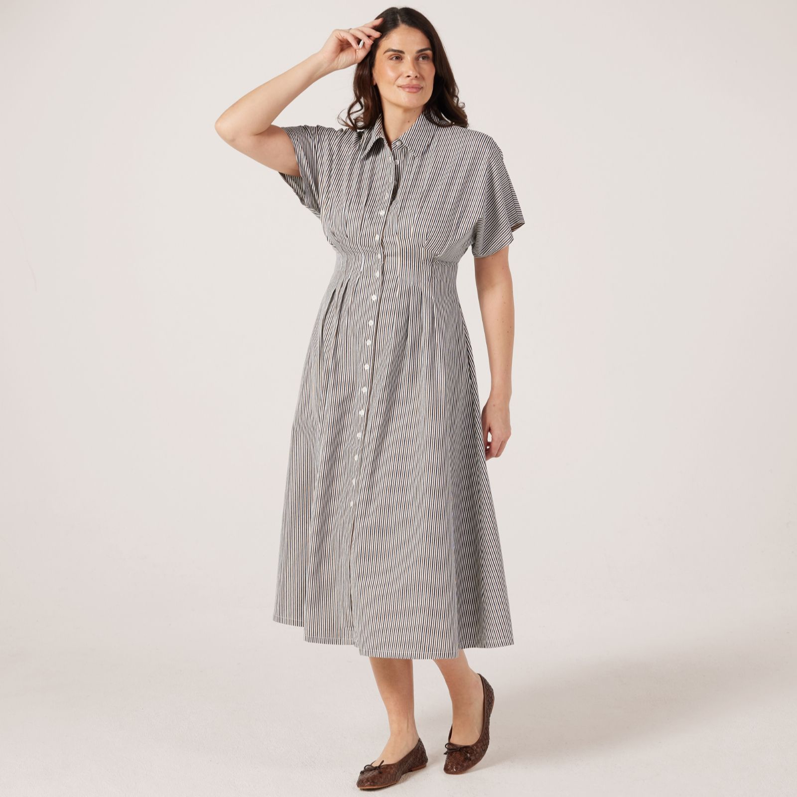 Izabel London Stripe Pleated Waist Midi Dress