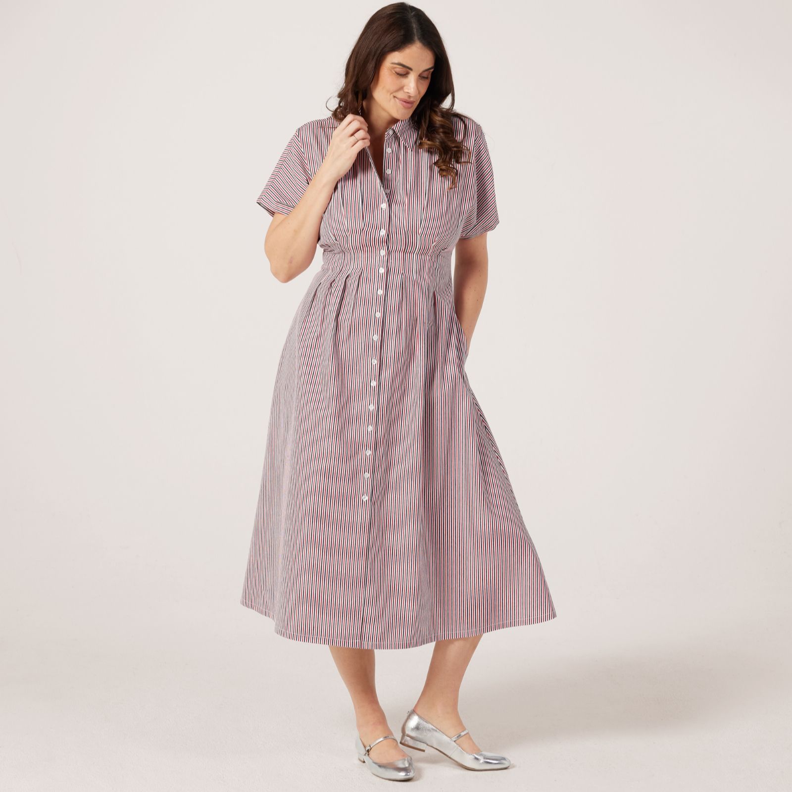 Izabel London Stripe Pleated Waist Midi Dress