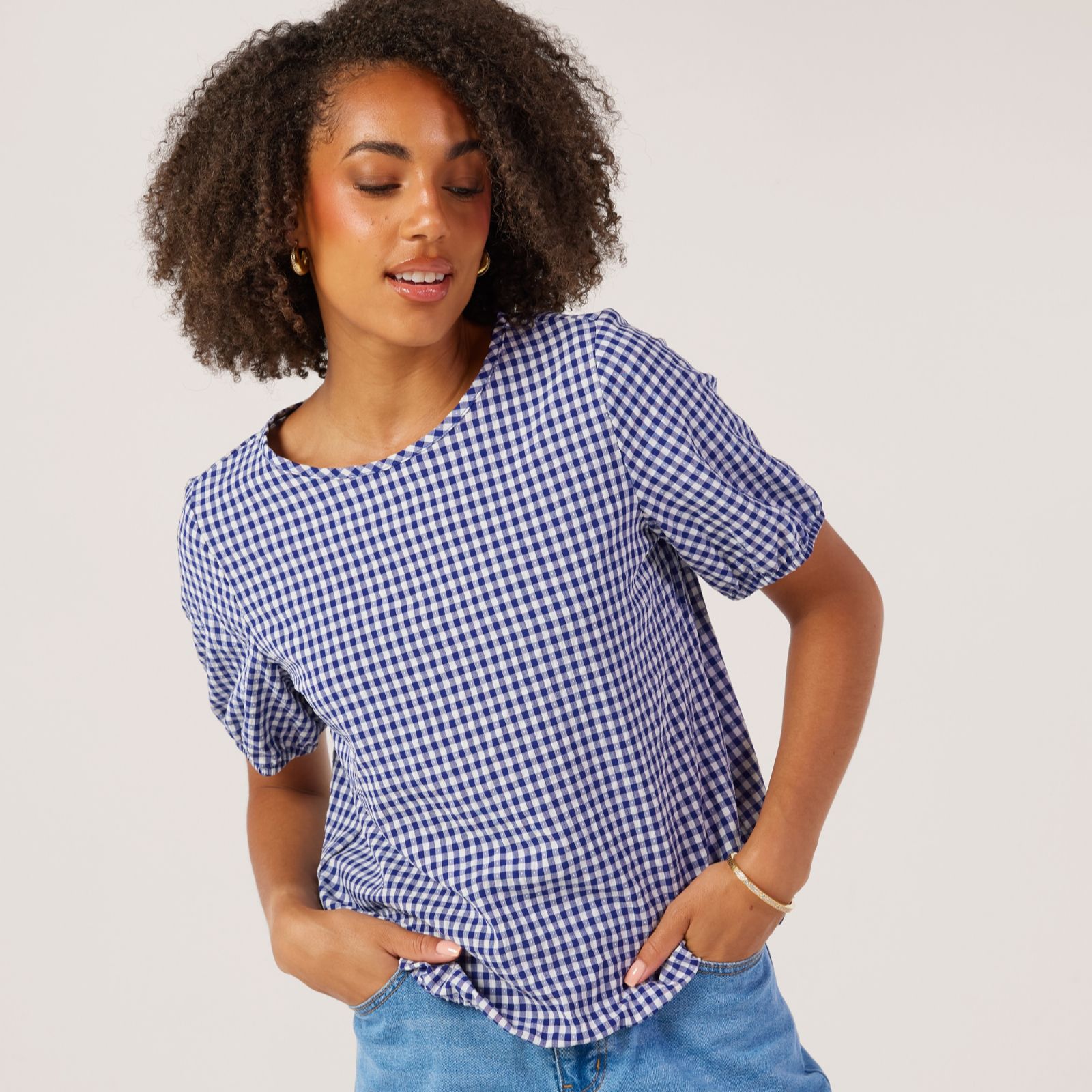 Kim & Co Gingham Dobby Short Sleeve Blouson Top