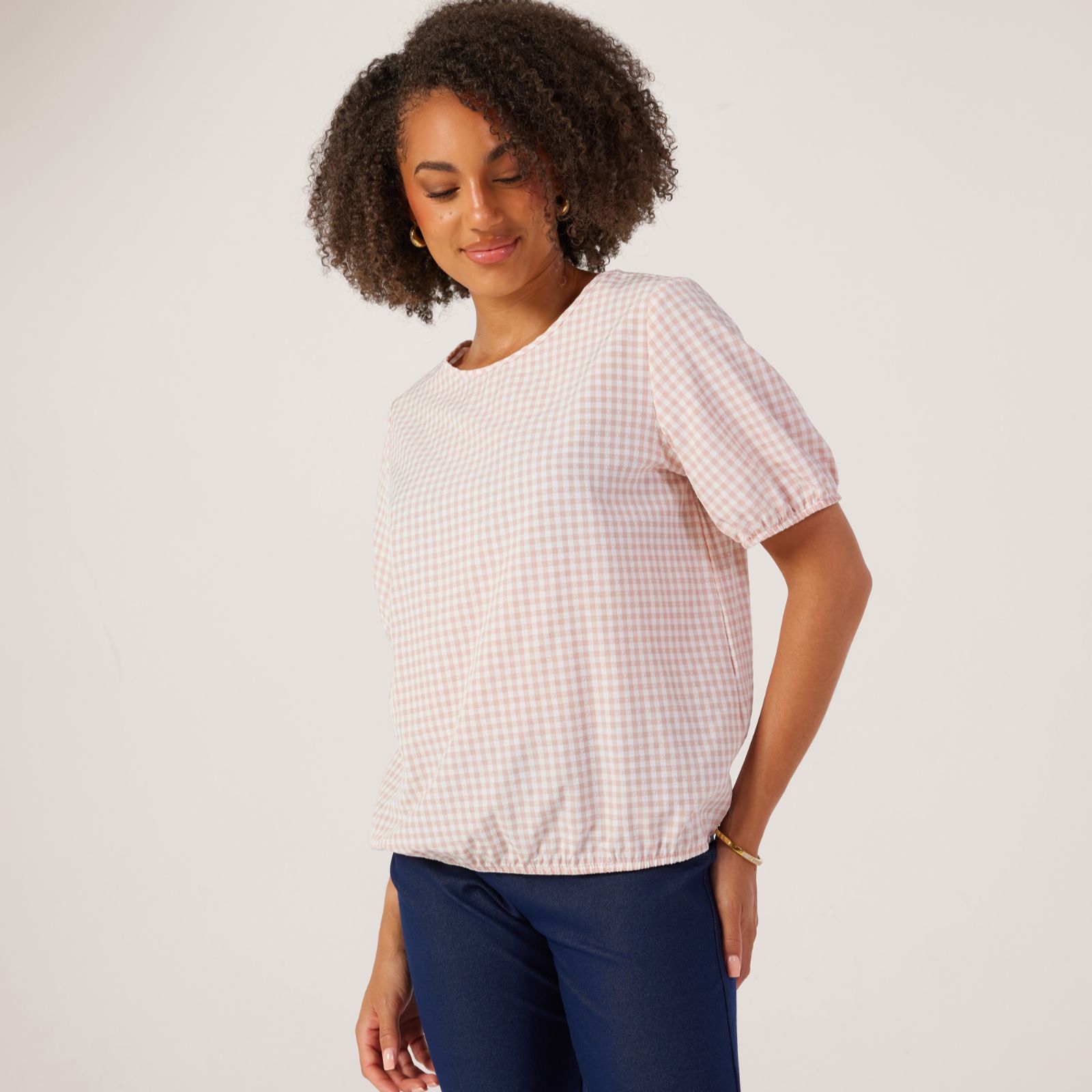 Kim & Co Gingham Dobby Short Sleeve Blouson Top