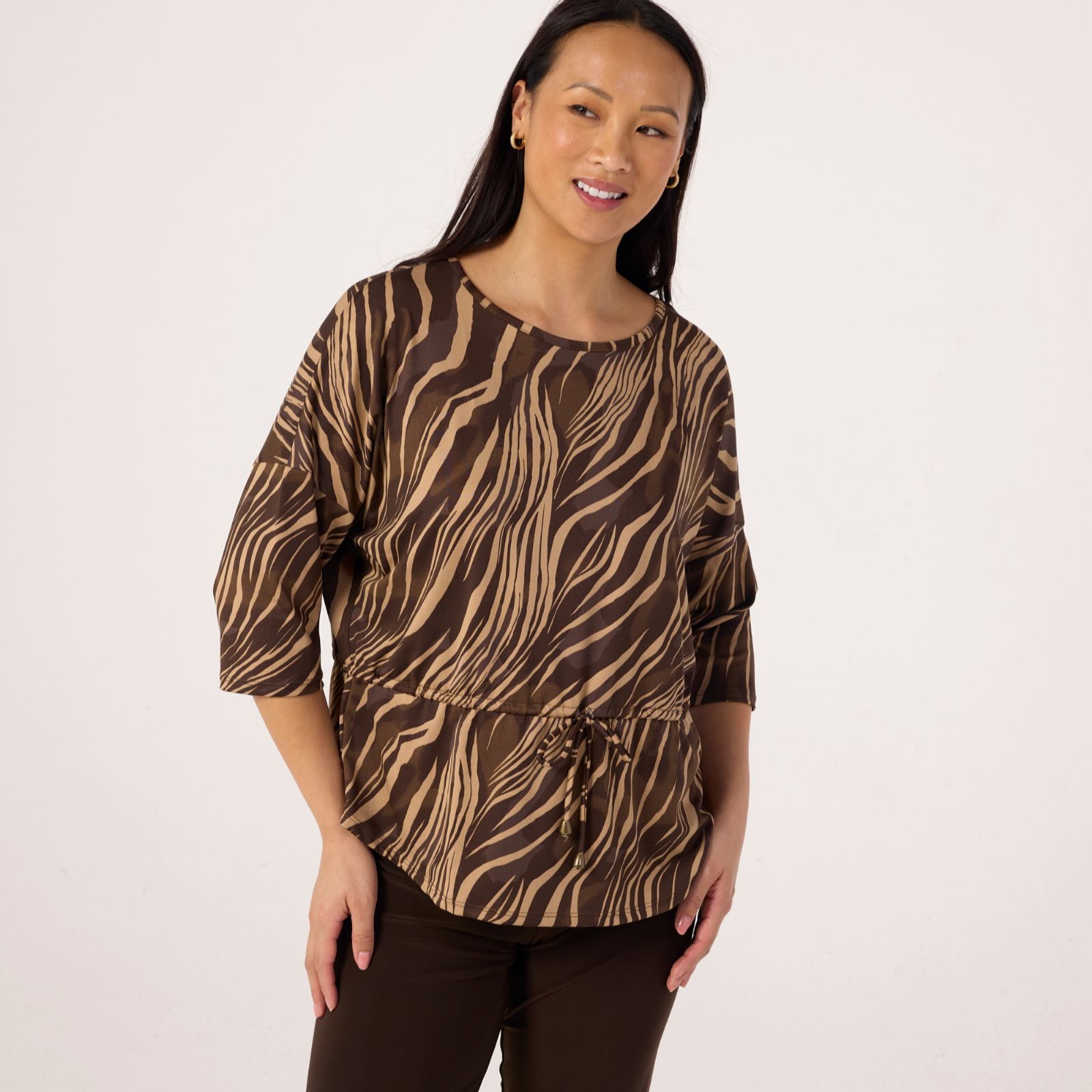 Kim & Co Printed Brazil Jersey 3/4 Sleeve Relaxed Drawstring Top