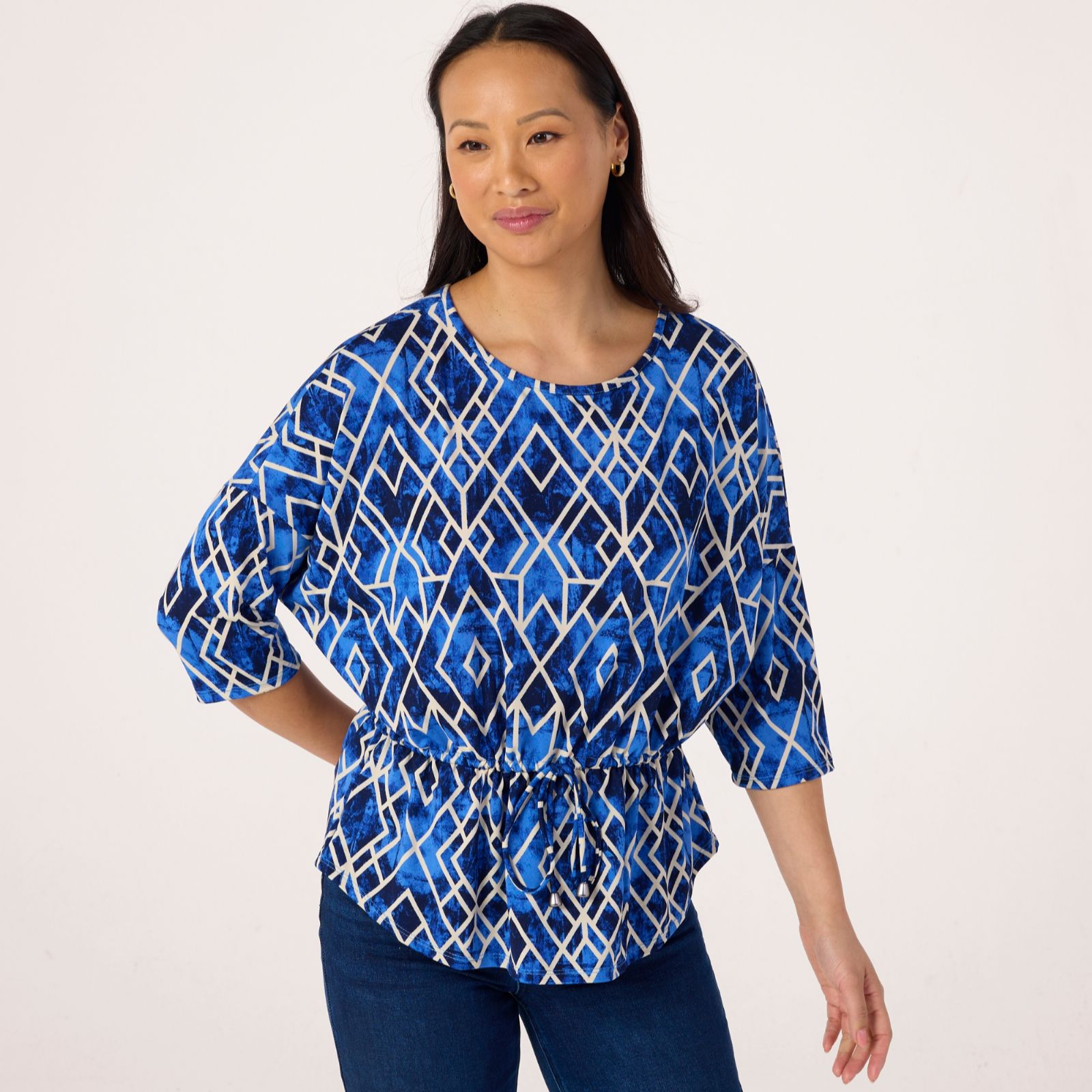 Kim & Co Printed Brazil Jersey 3/4 Sleeve Relaxed Drawstring Top