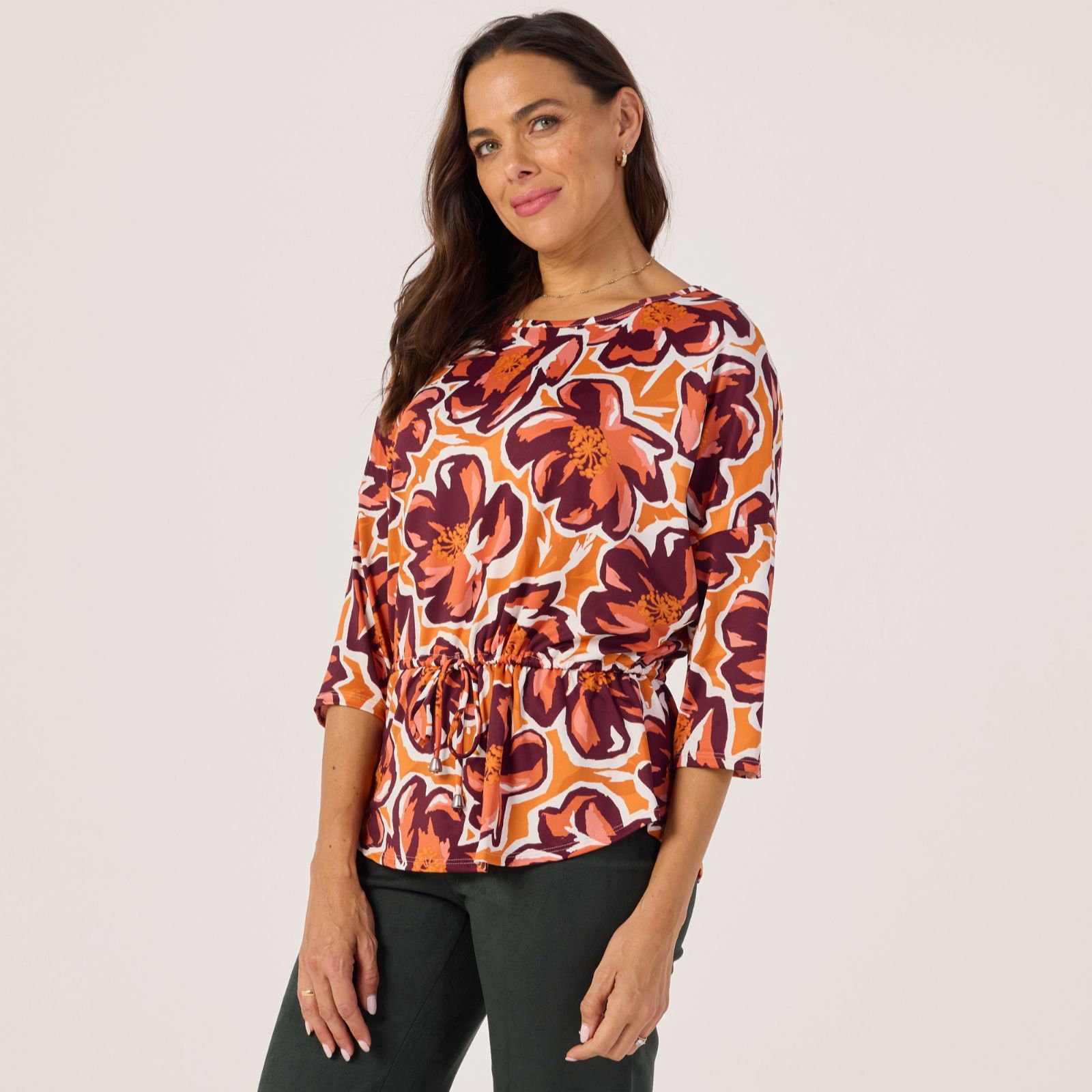 Kim & Co Printed Brazil Jersey 3/4 Sleeve Relaxed Drawstring Top