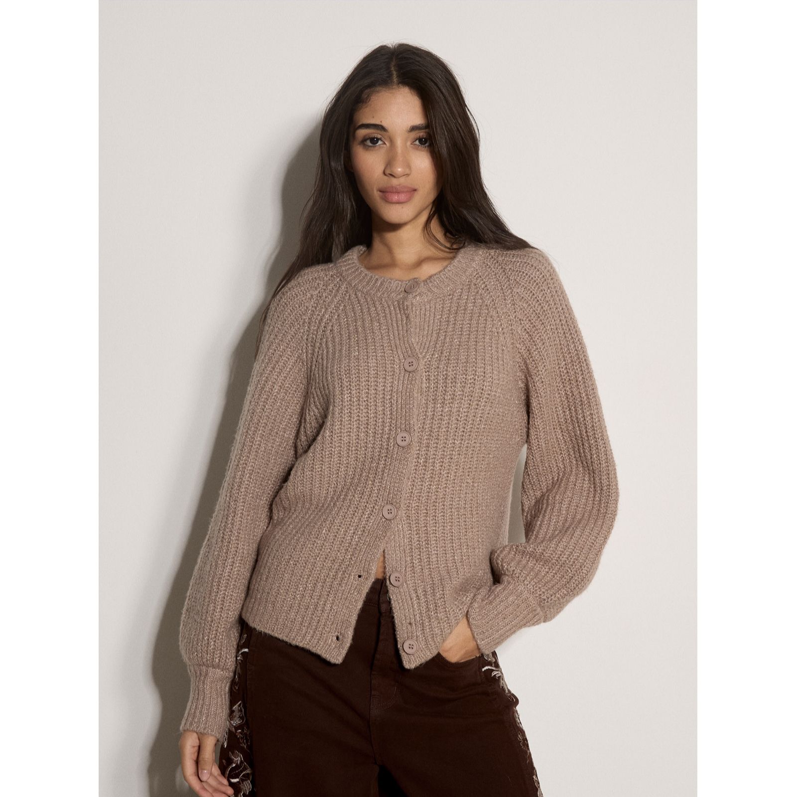 Apricot Ribbed Crew Neck Cardigan