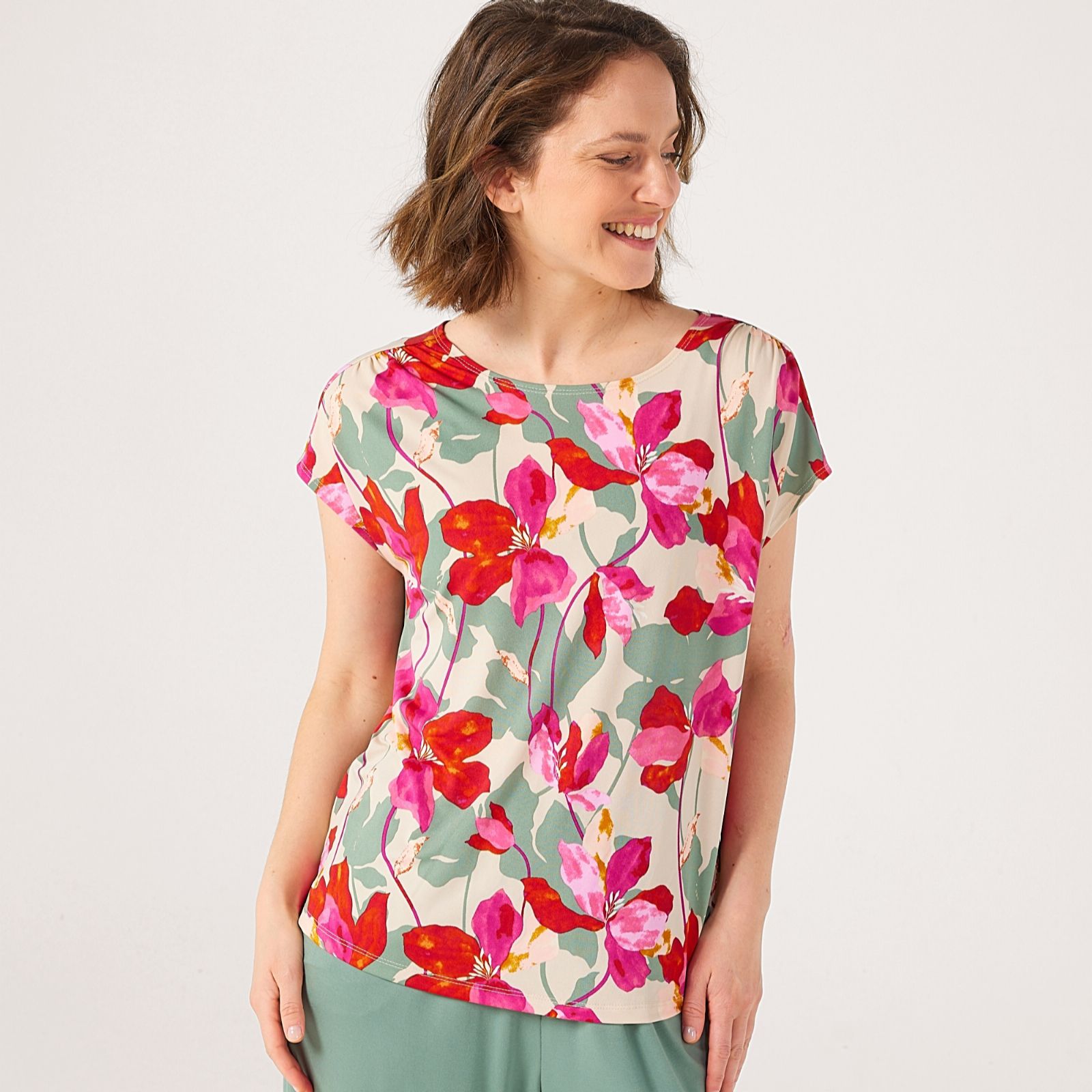 Kim & Co Brazil Knit Short Dolman Sleeve Top with Shirring On Shoulders