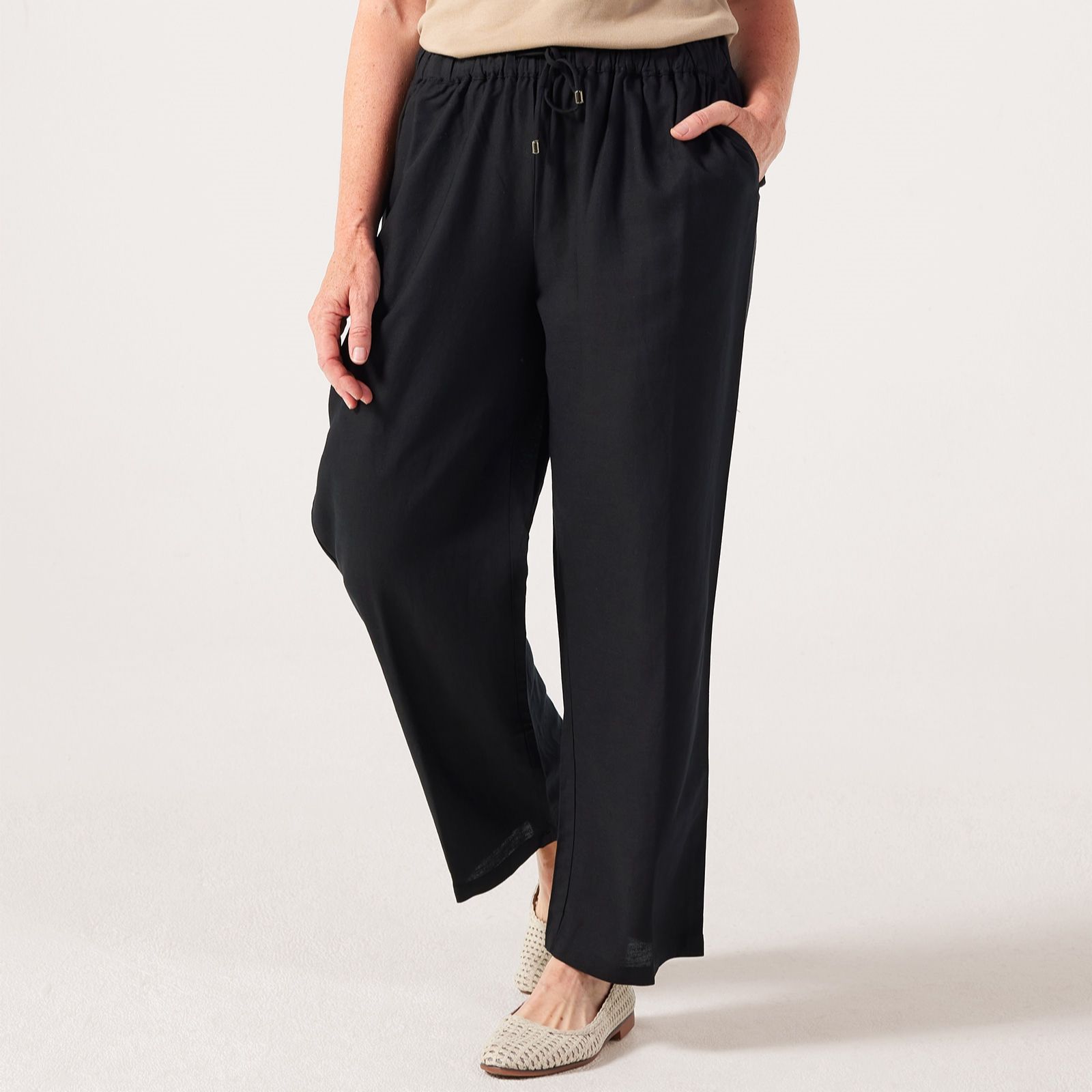 Denim & Co Linen Blend Wide Leg Trouser Petite