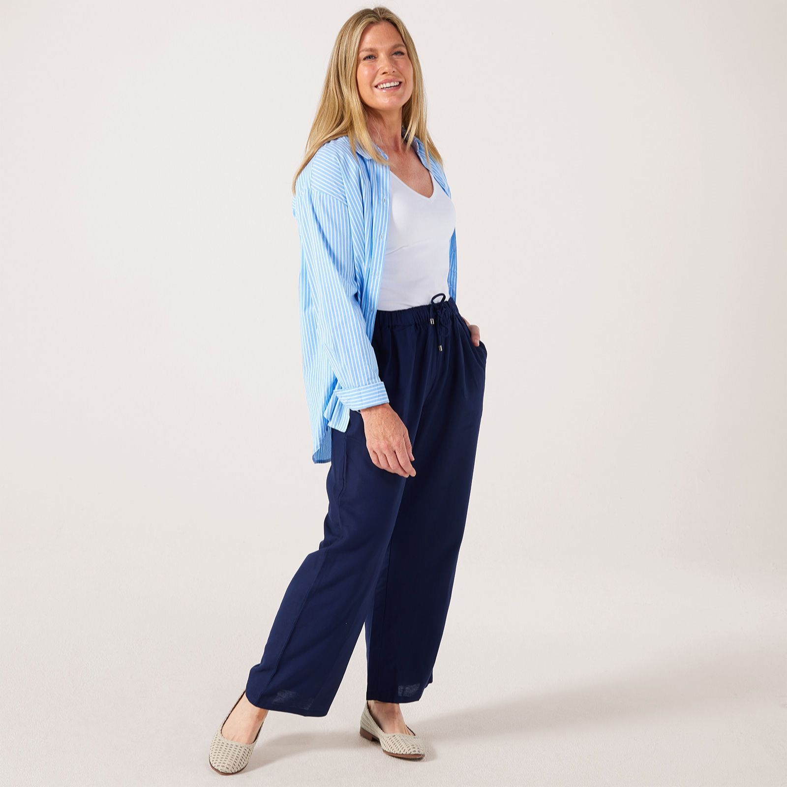 Denim & Co Linen Blend Wide Leg Trouser Petite