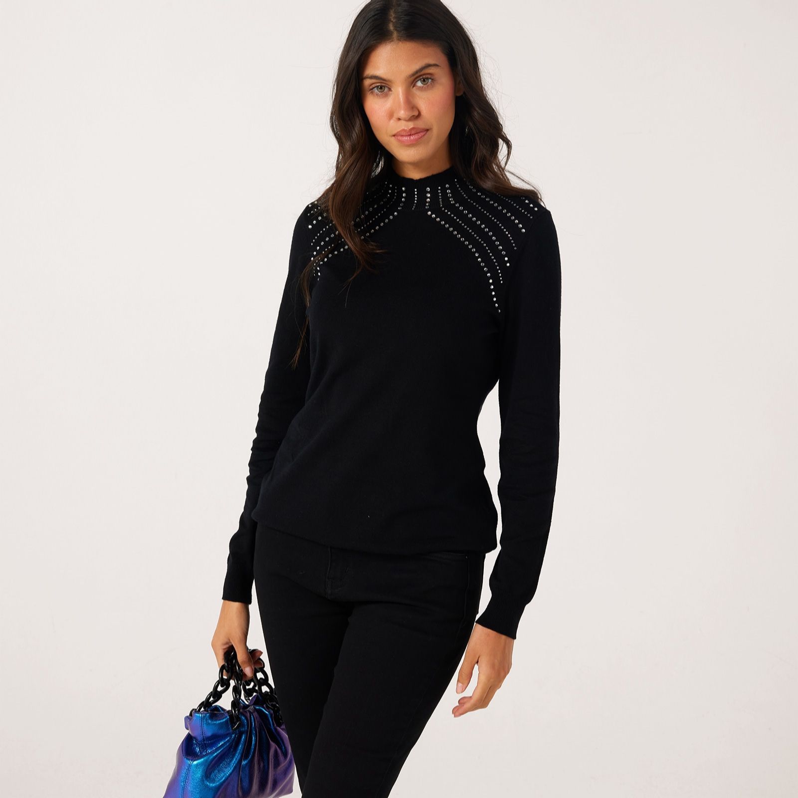 Nina Leonard Mock Neck Stud Detail Knit Jumper