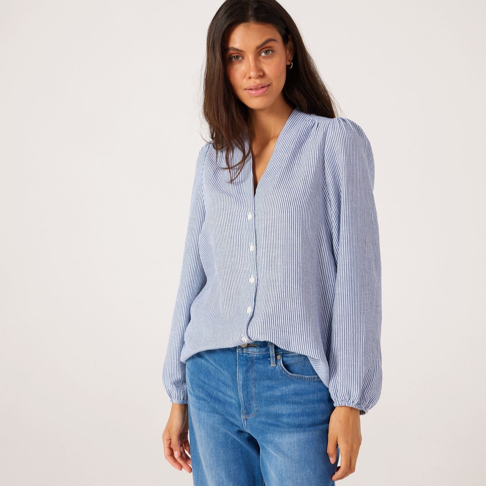 Kim & Co Striped Long Blouson Sleeve Blouse With Shirring