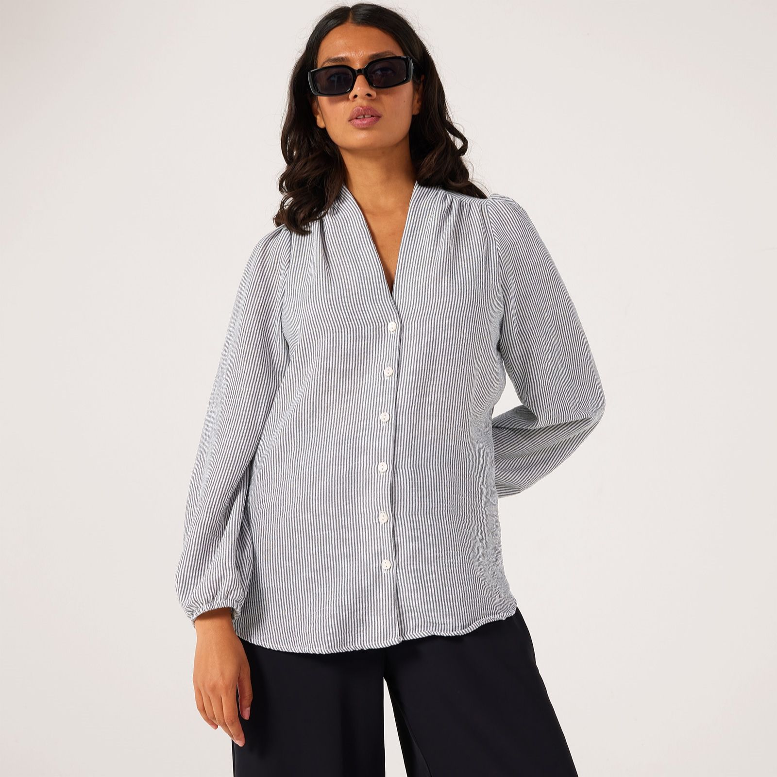 Kim & Co Striped Long Blouson Sleeve Blouse With Shirring
