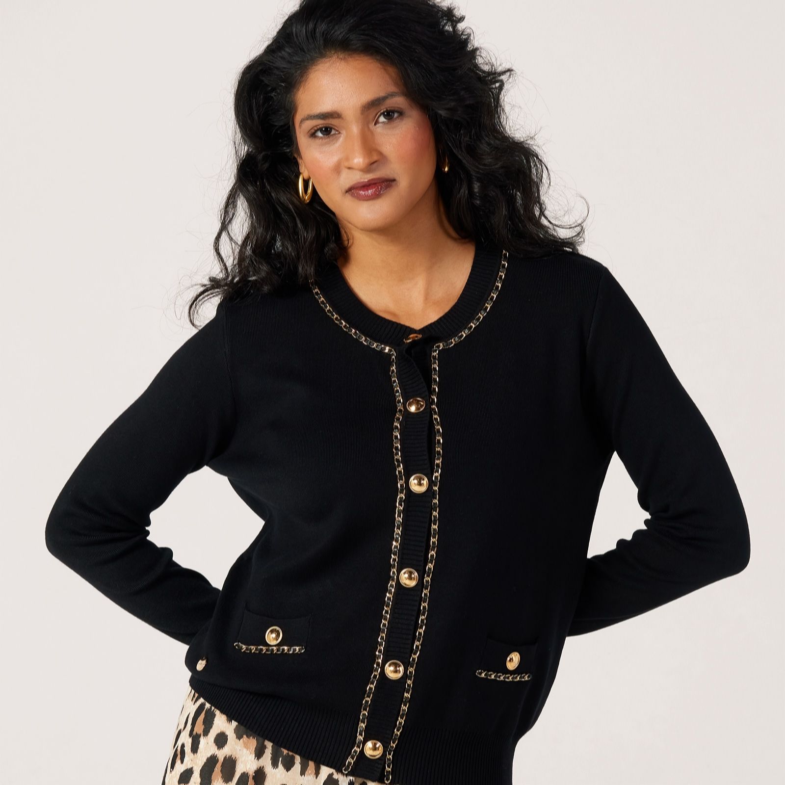 Malissa J Round Neck Cardigan With Metallic Chain