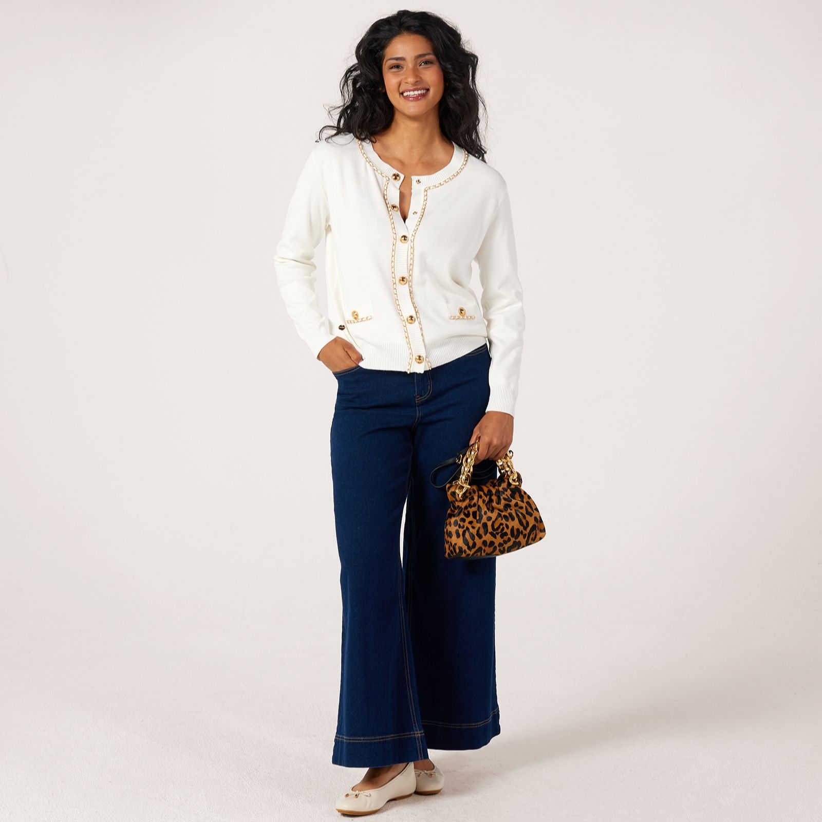 Malissa J Round Neck Cardigan With Metallic Chain