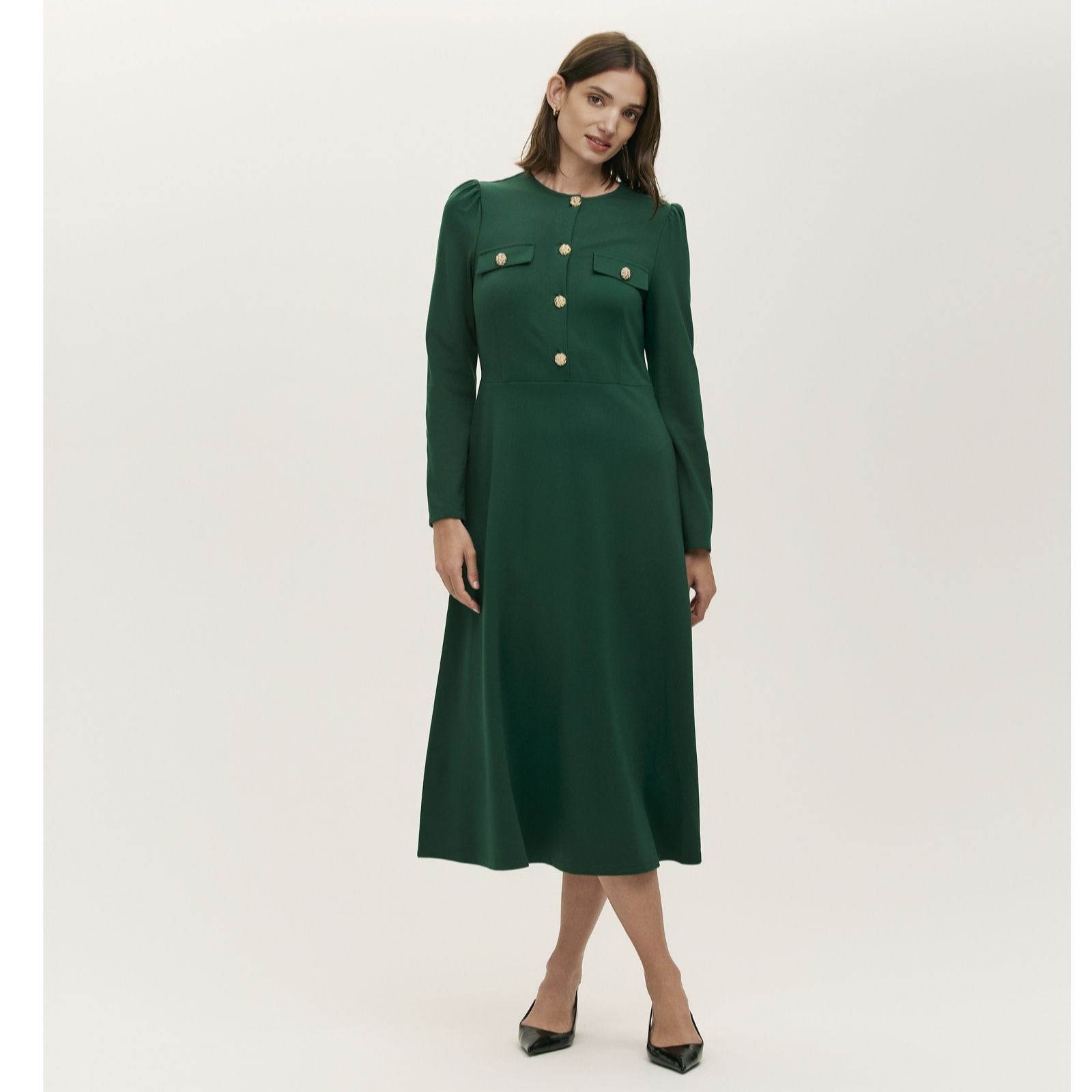 Finery London Gilly Ponte Dress with Gold Buttons Standard