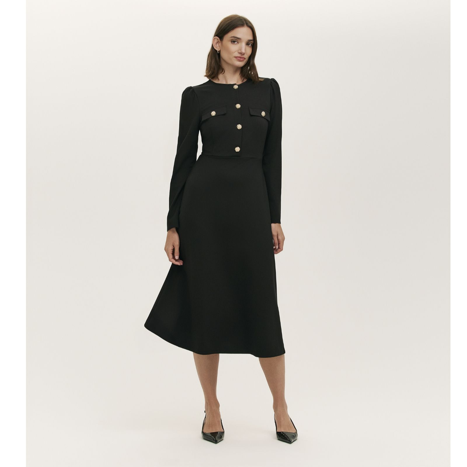 Finery London Gilly Ponte Dress with Gold Buttons Standard
