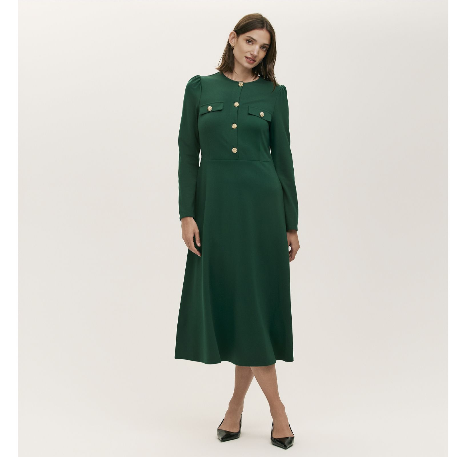 Finery London Gilly Ponte Dress with Gold Buttons Standard
