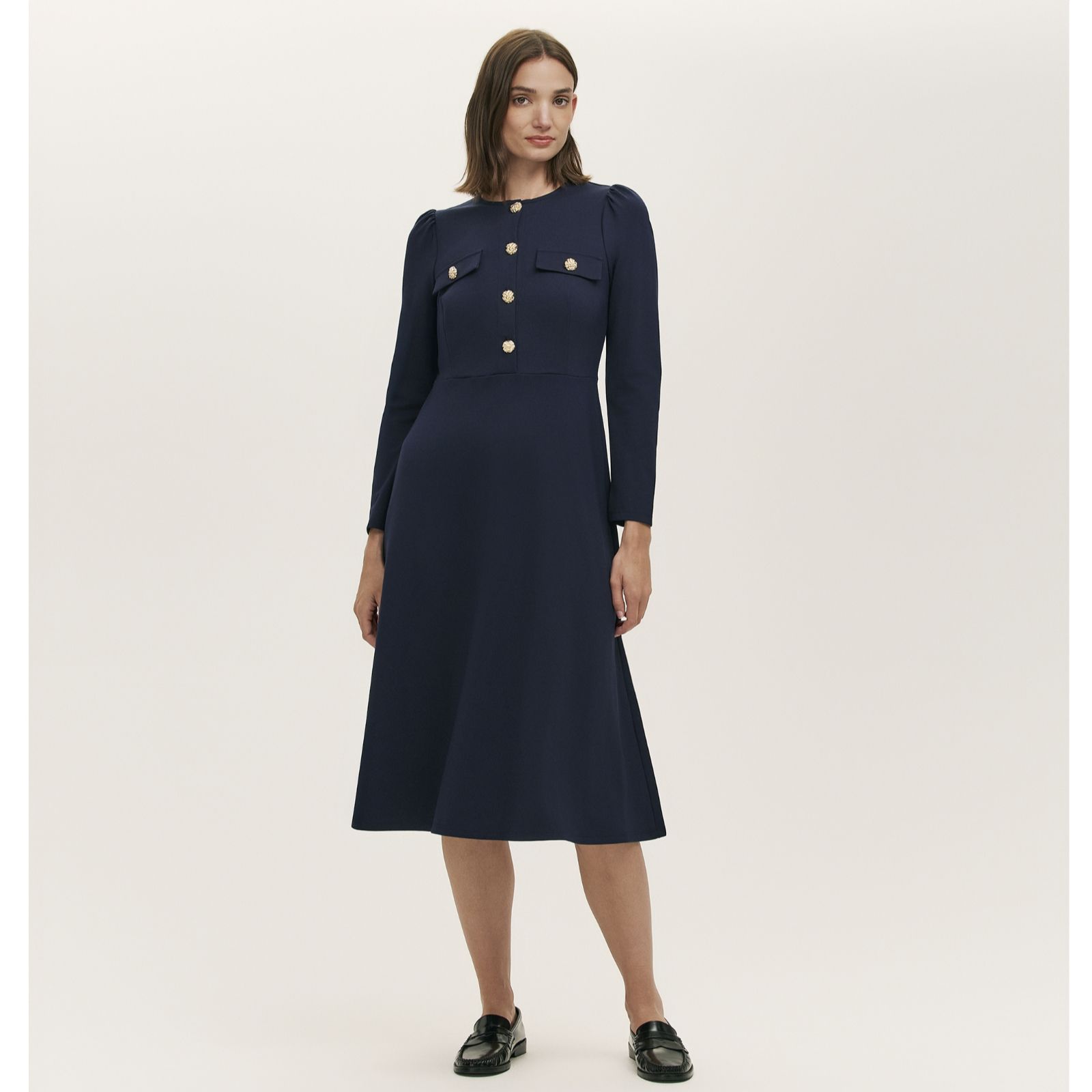 Finery London Gilly Ponte Dress with Gold Buttons Standard