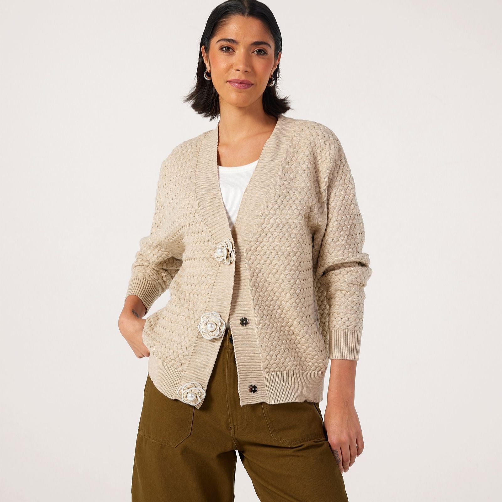 Malissa J Waffle Knit Cardigan with Flower Pearl Detail