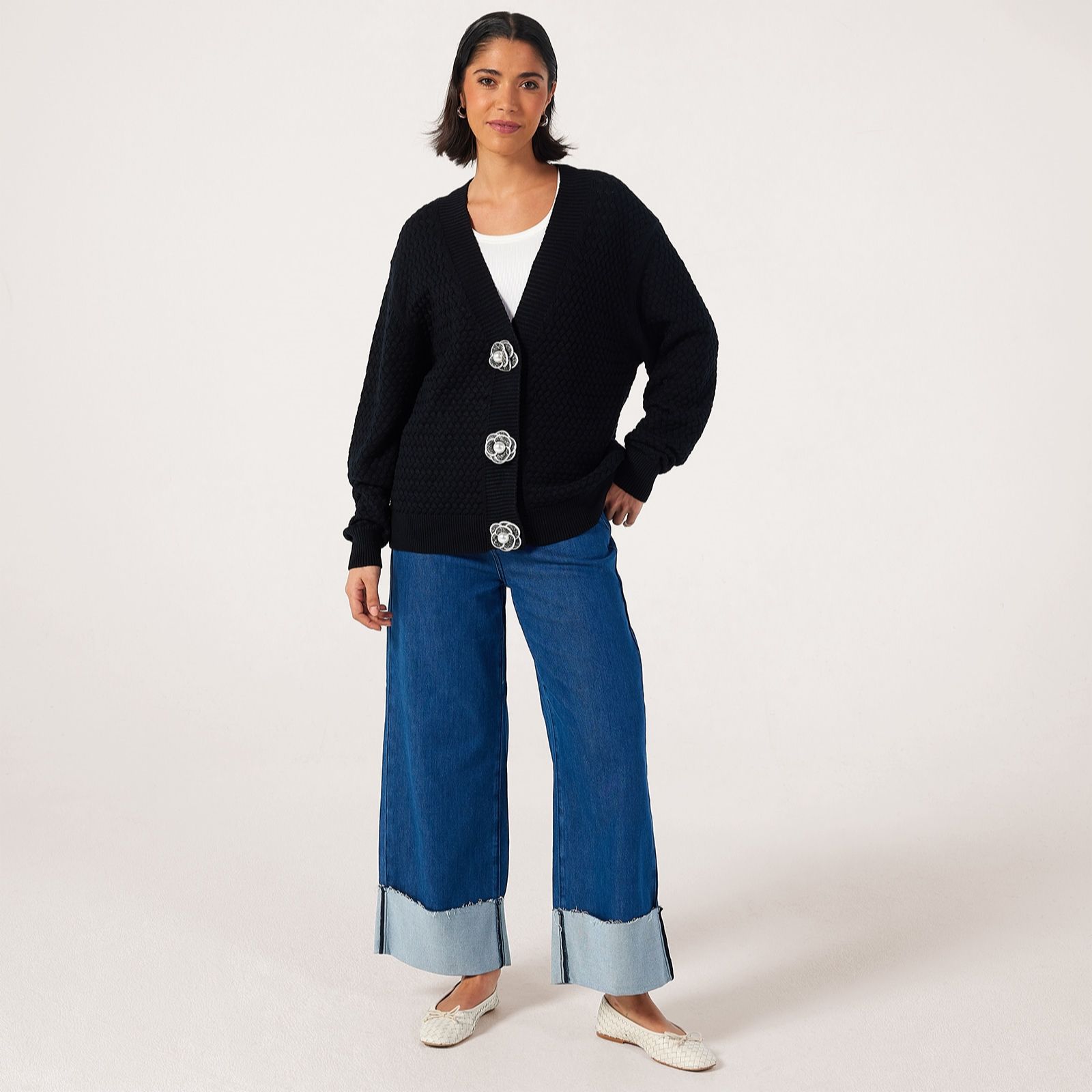 Malissa J Waffle Knit Cardigan with Flower Pearl Detail